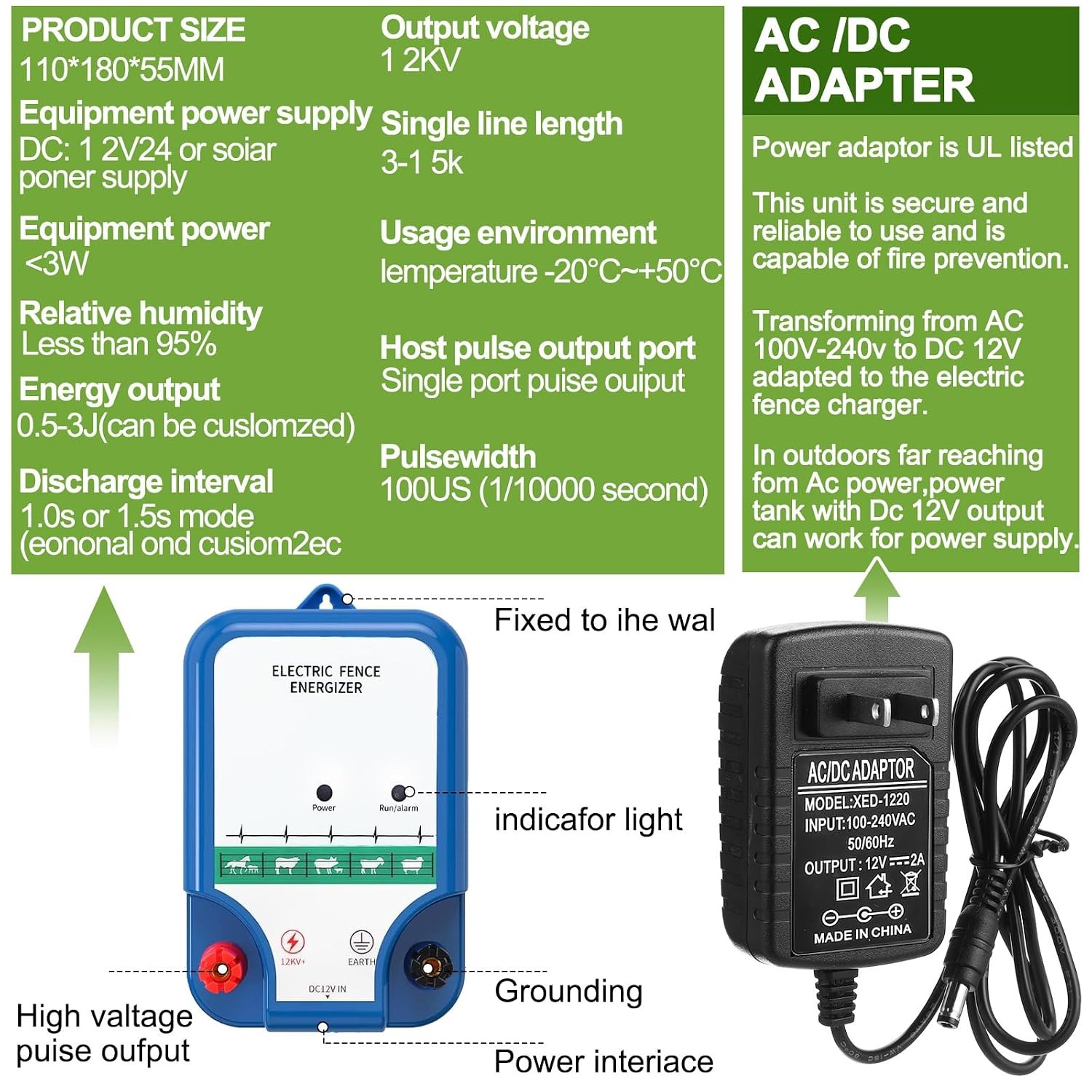 Electric Fence Charger AC DC 8 Mile 12kV 2J with Wire