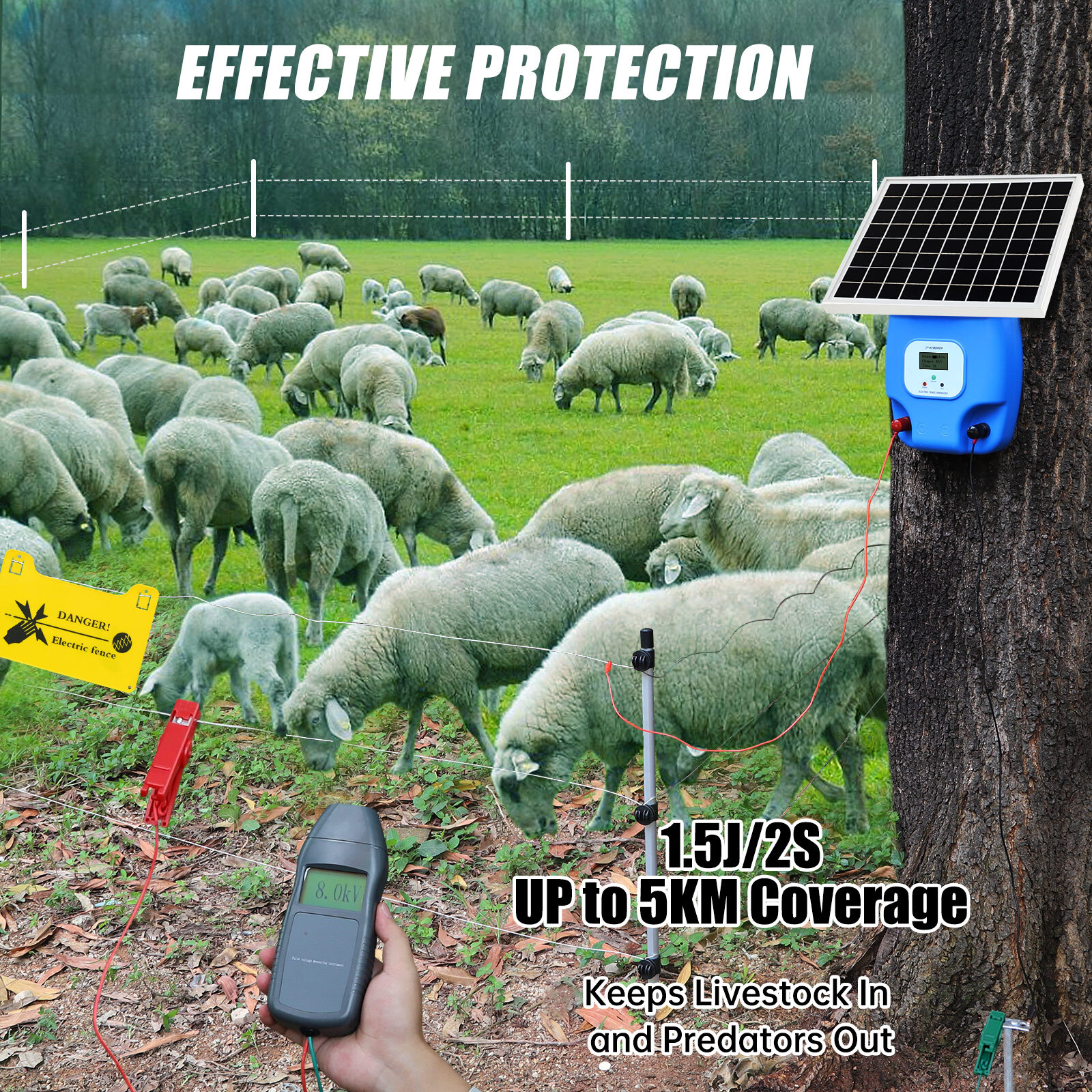1.5J 8KV Solar Powered Fence Charger 5W Electric Fence Energizer for Livestock