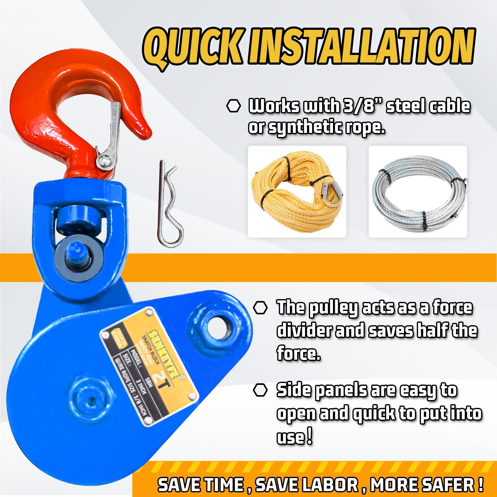 2 Ton Snatch Block with Hook, Snatch Block Pulley 3″ Sheave for 3/8″ Inch Wir…