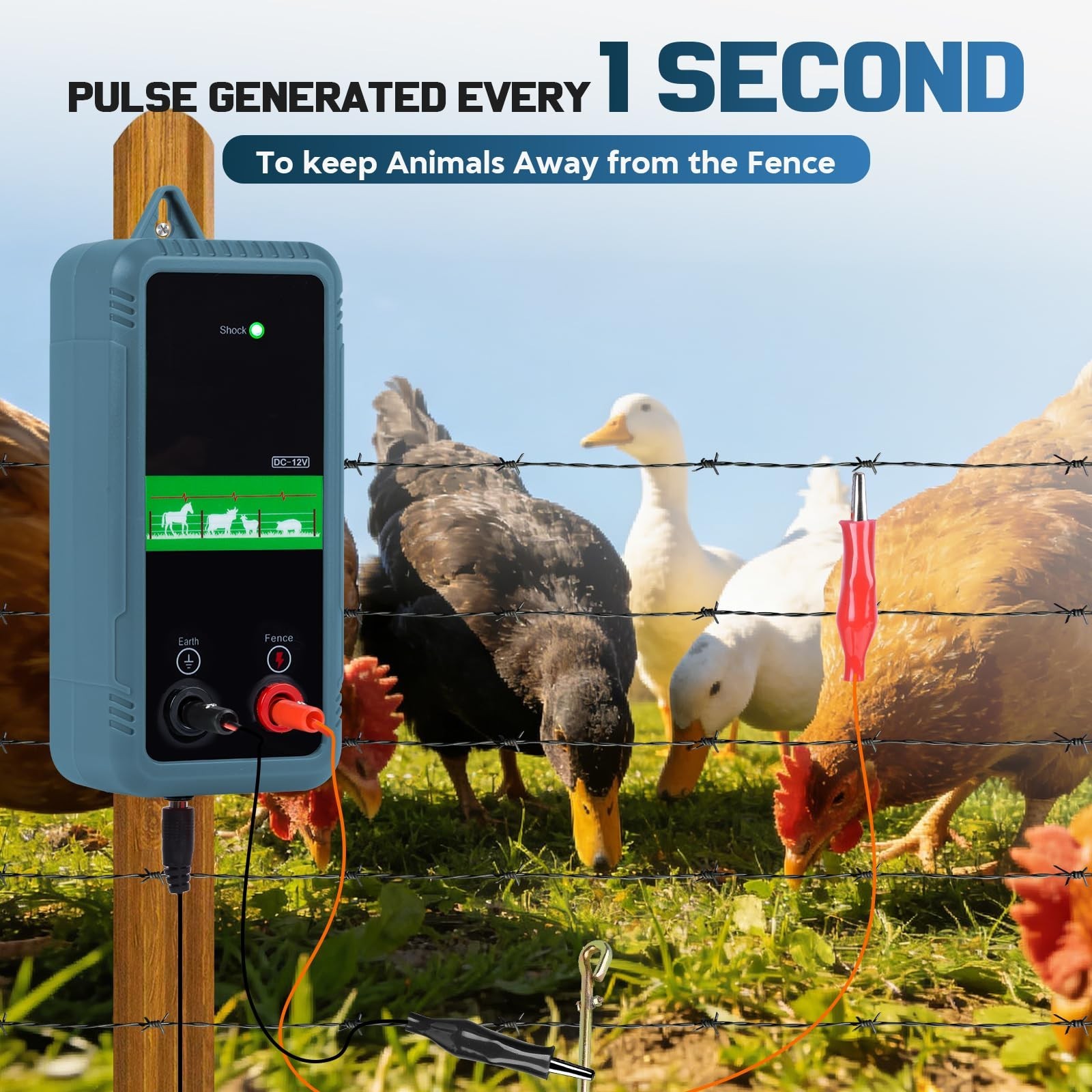 Electric Fence Charger 5 Miles 1J Energy 10KV AC DC for Garden Poultry Yard