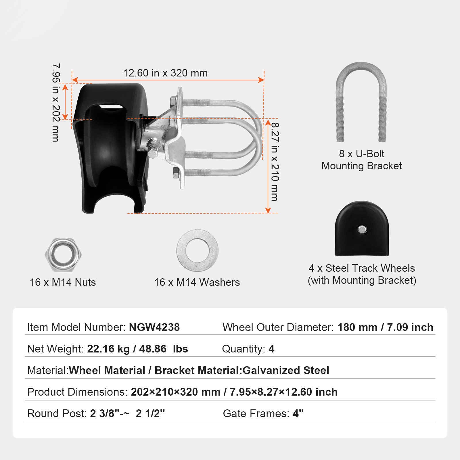 Sliding Gate Kit w/ U-Shaped Groove 4 Track Wheels/Cover for Cantilever