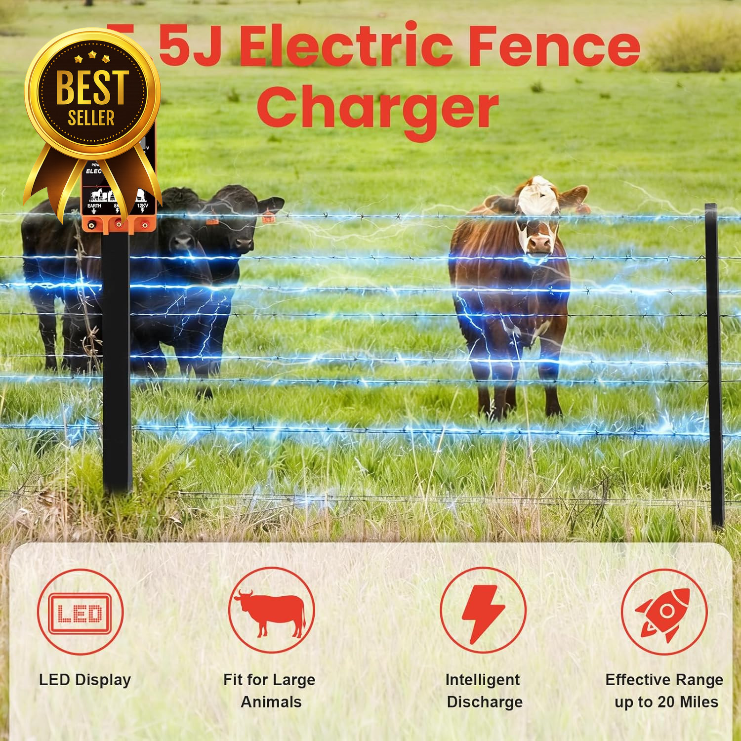 5.5J Electric Fence Charger Energizer 10 Mile AC/DC 12V 8KV/12KV Alarm
