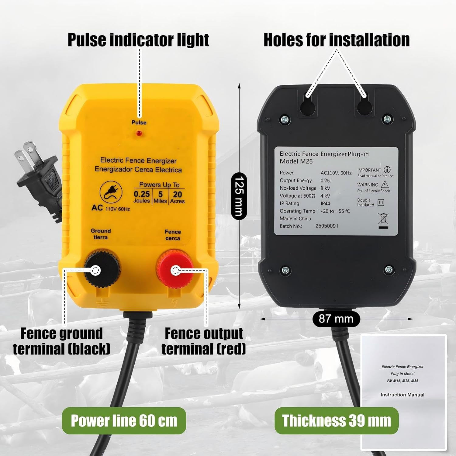 Electric Fence Charger Set 110VAC 0.25 Joule Electric Plug in Fence to Contain C