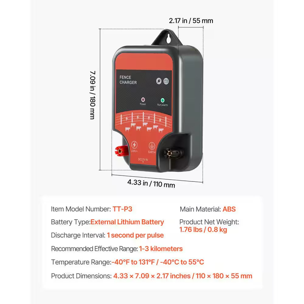 10Kv 2J Electric Fence Charger, AC DC Energizer with LED, 1.86 Miles Range, Plug