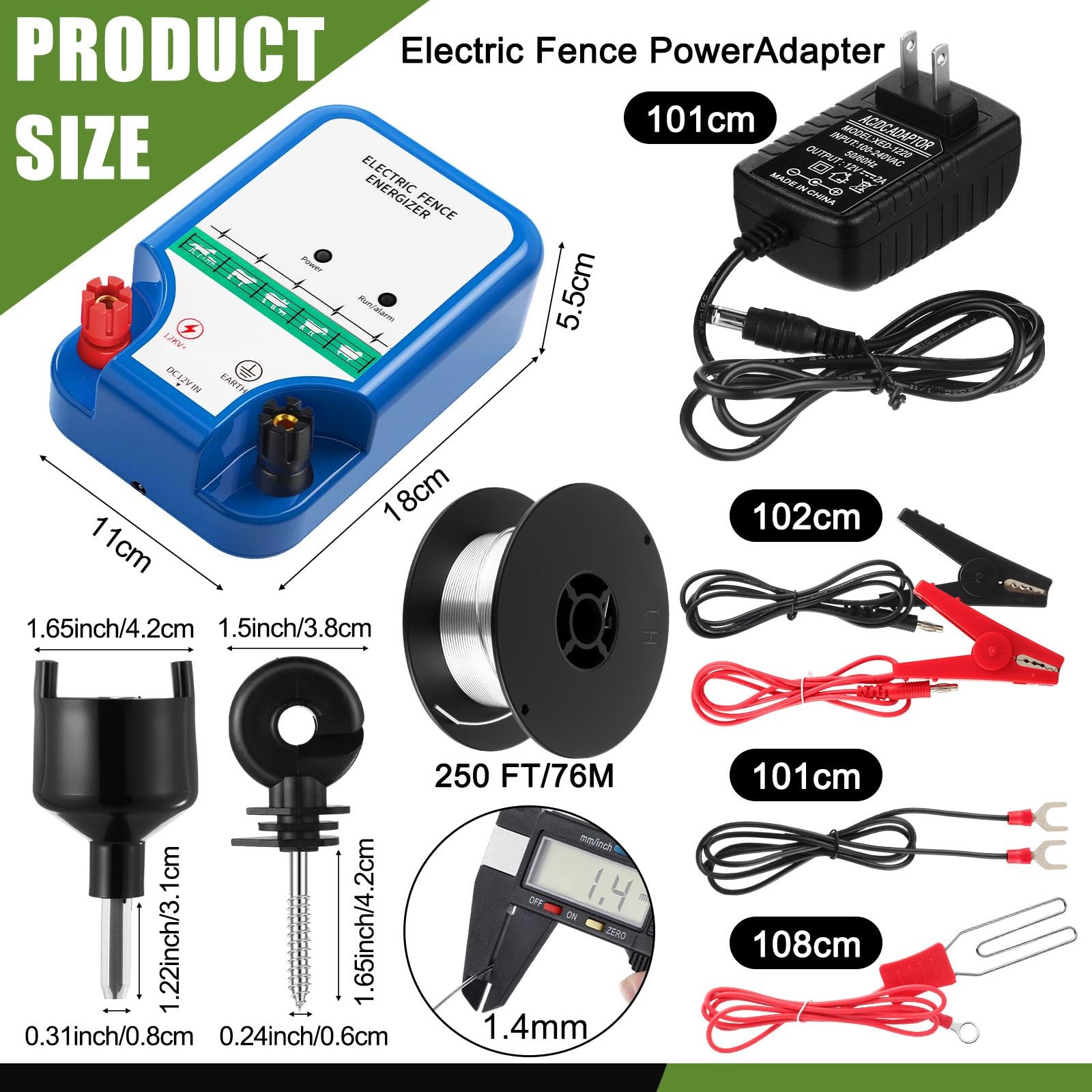 Electric Fence Kit 8 Mile 12kV 2J Charger AC/DC 50 Insulators 250ft Aluminum