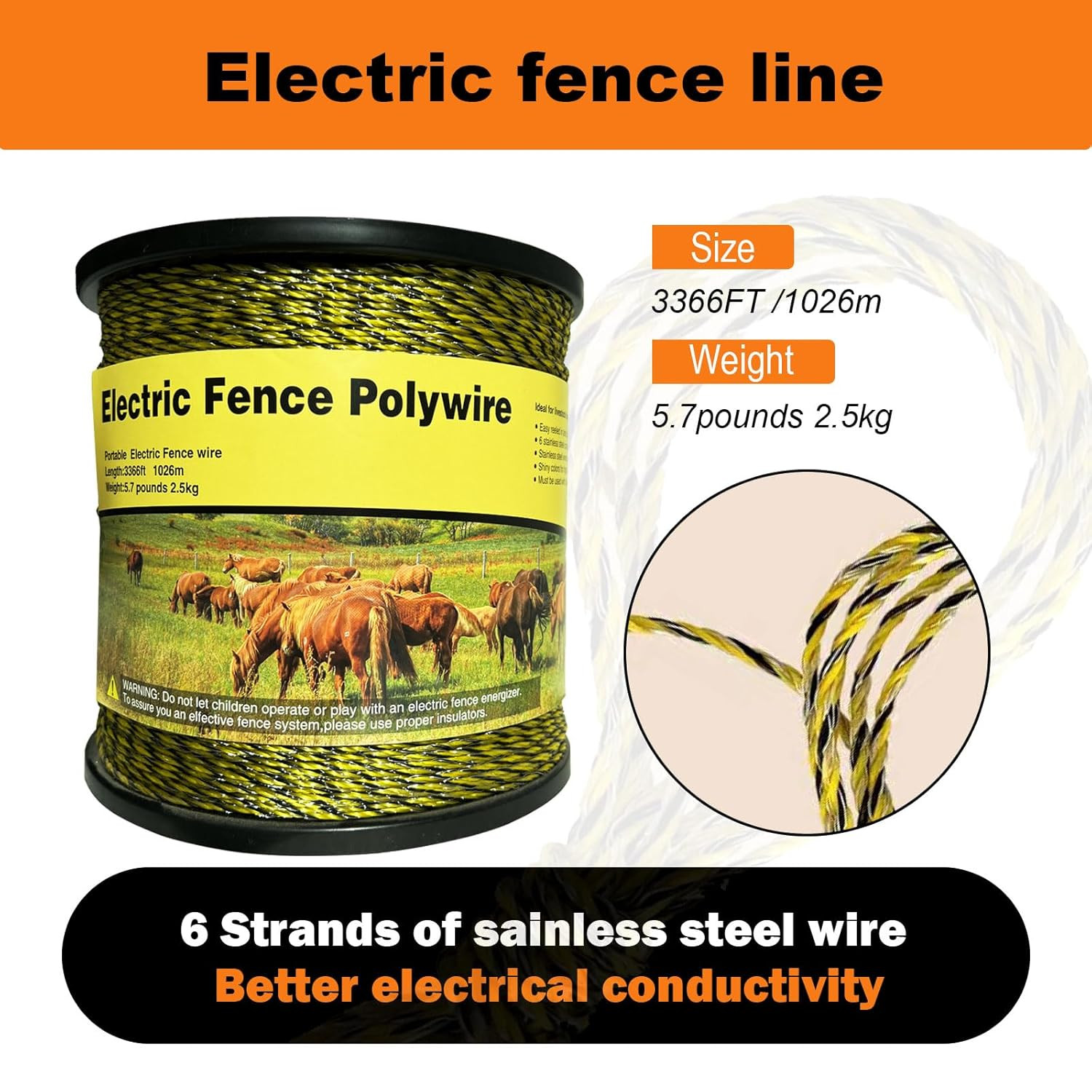 Upgraded Electric Fence Polywire 3366 Feet 1026 Meters,1/8 Diameter Portable Ele