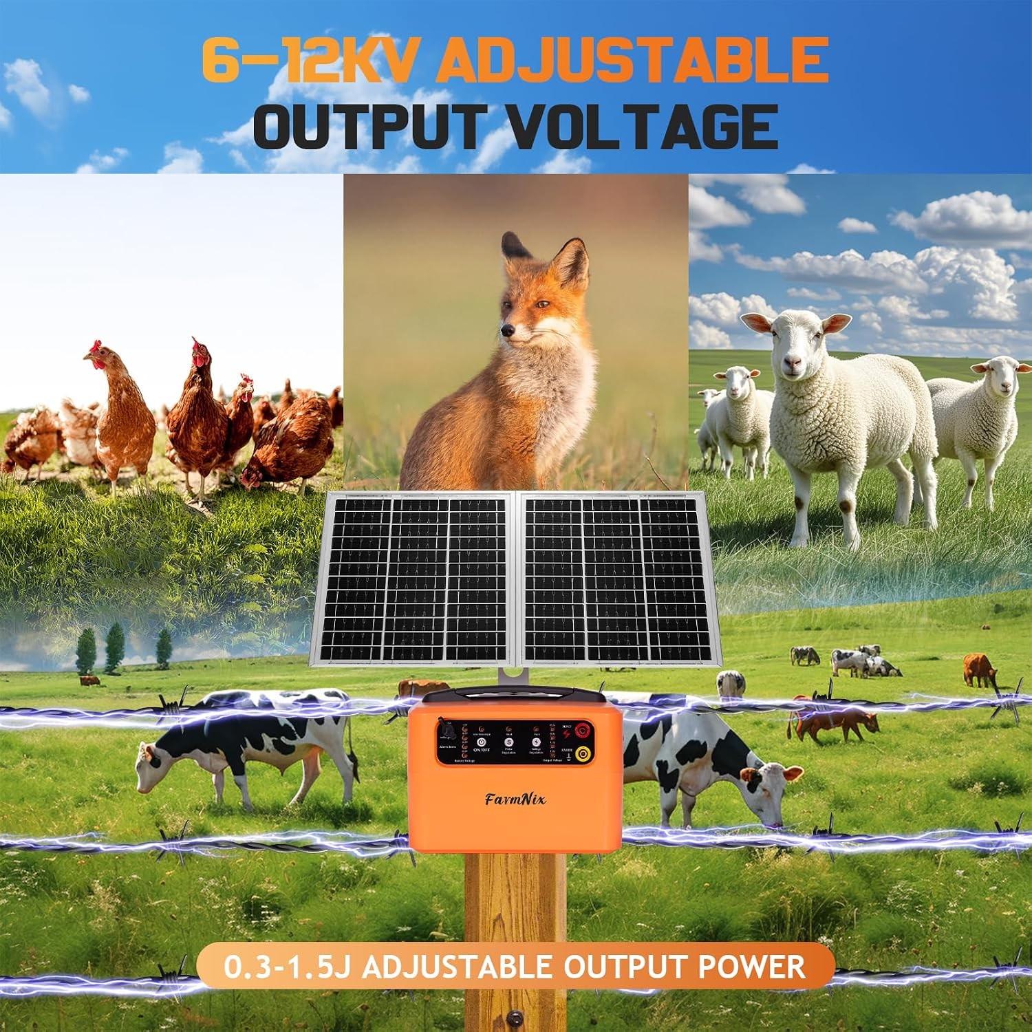 30 Miles Solar Electric Fence Charger for Livestock,6-12Kv Adjustable Output Sol