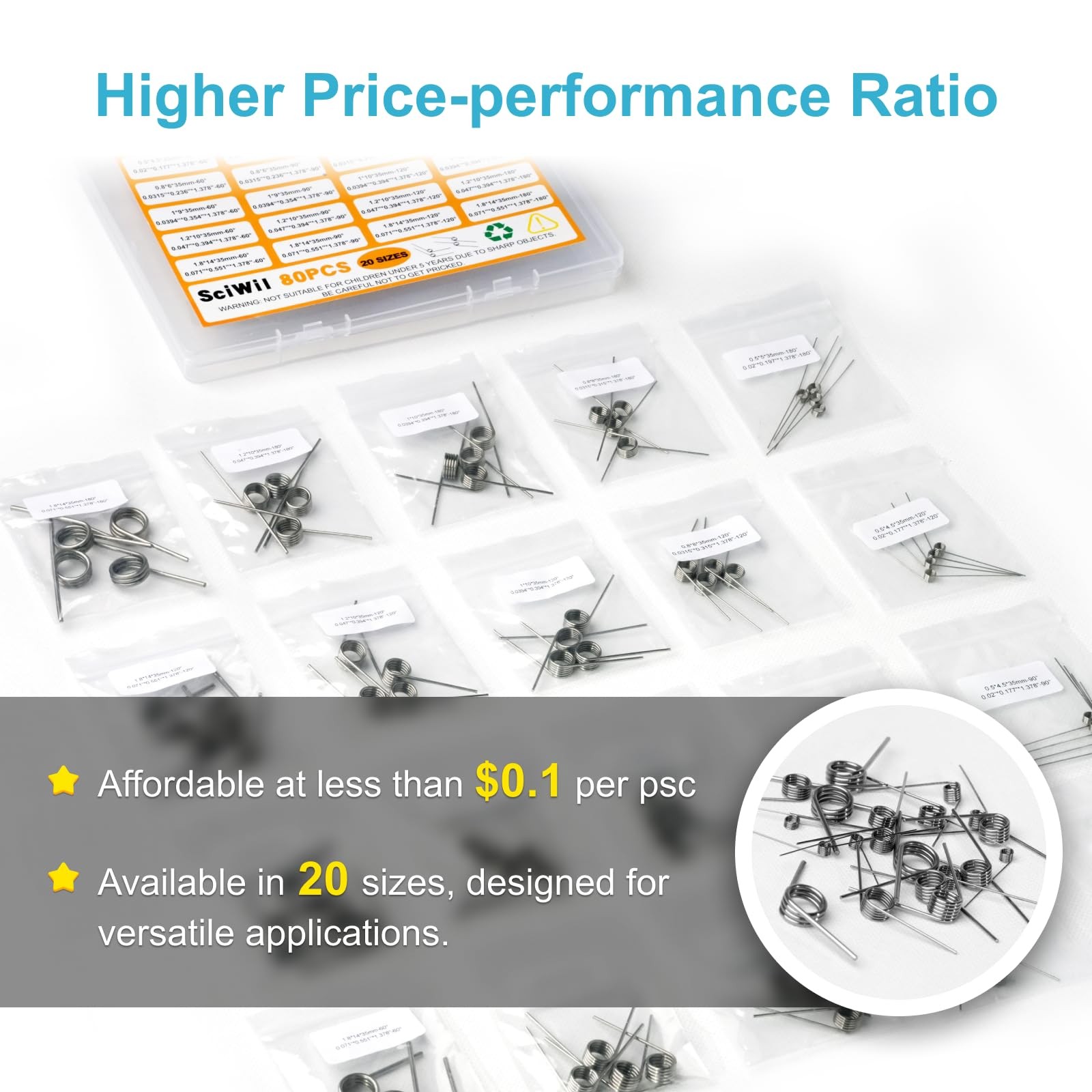 80PCS Torsion Spring Assortment Kit, 20 Sizes 60/90/120/180 Degree Small Tors…