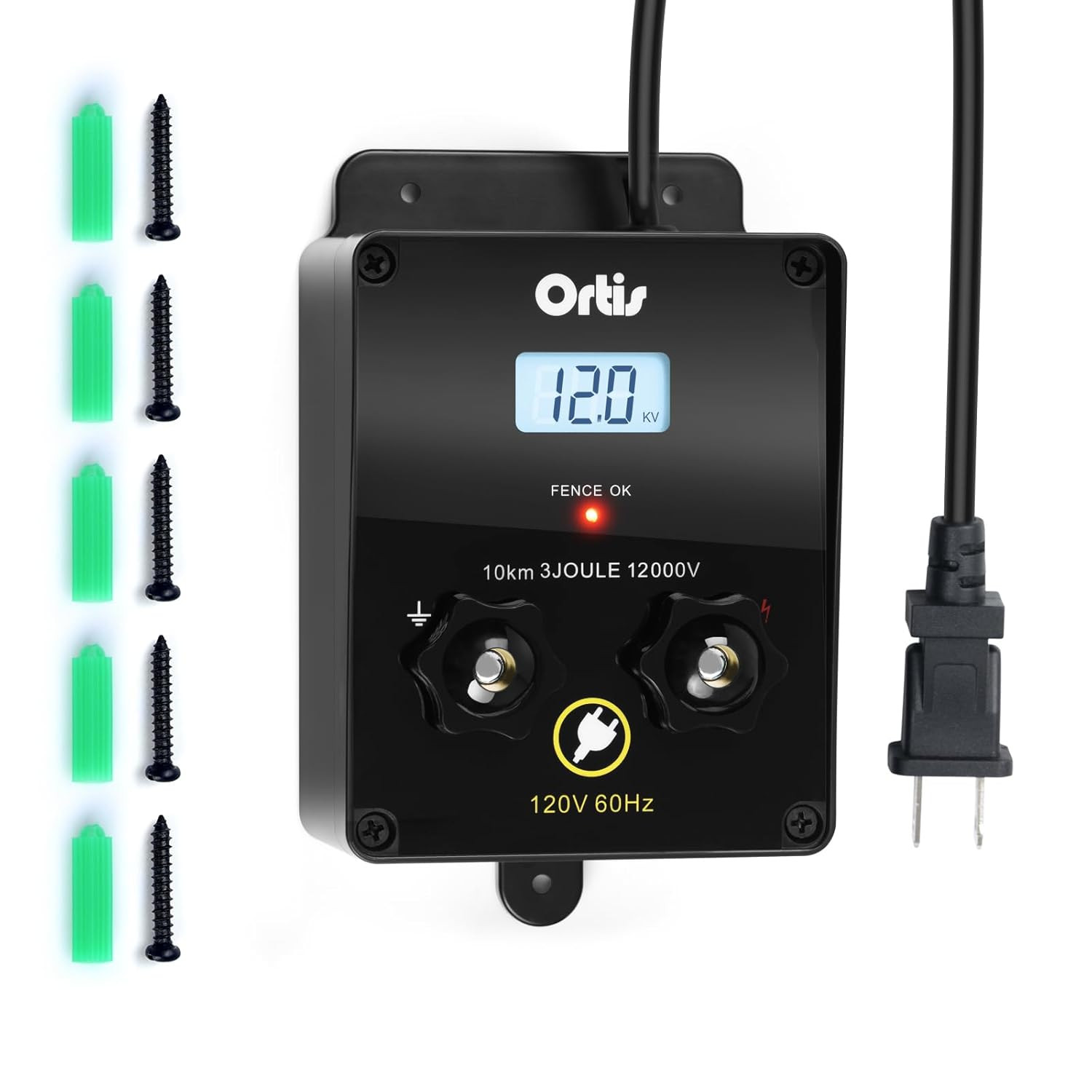 Electric Fence Energizer with LCD Display, 12,000V 3 Joules Electric Fence Char