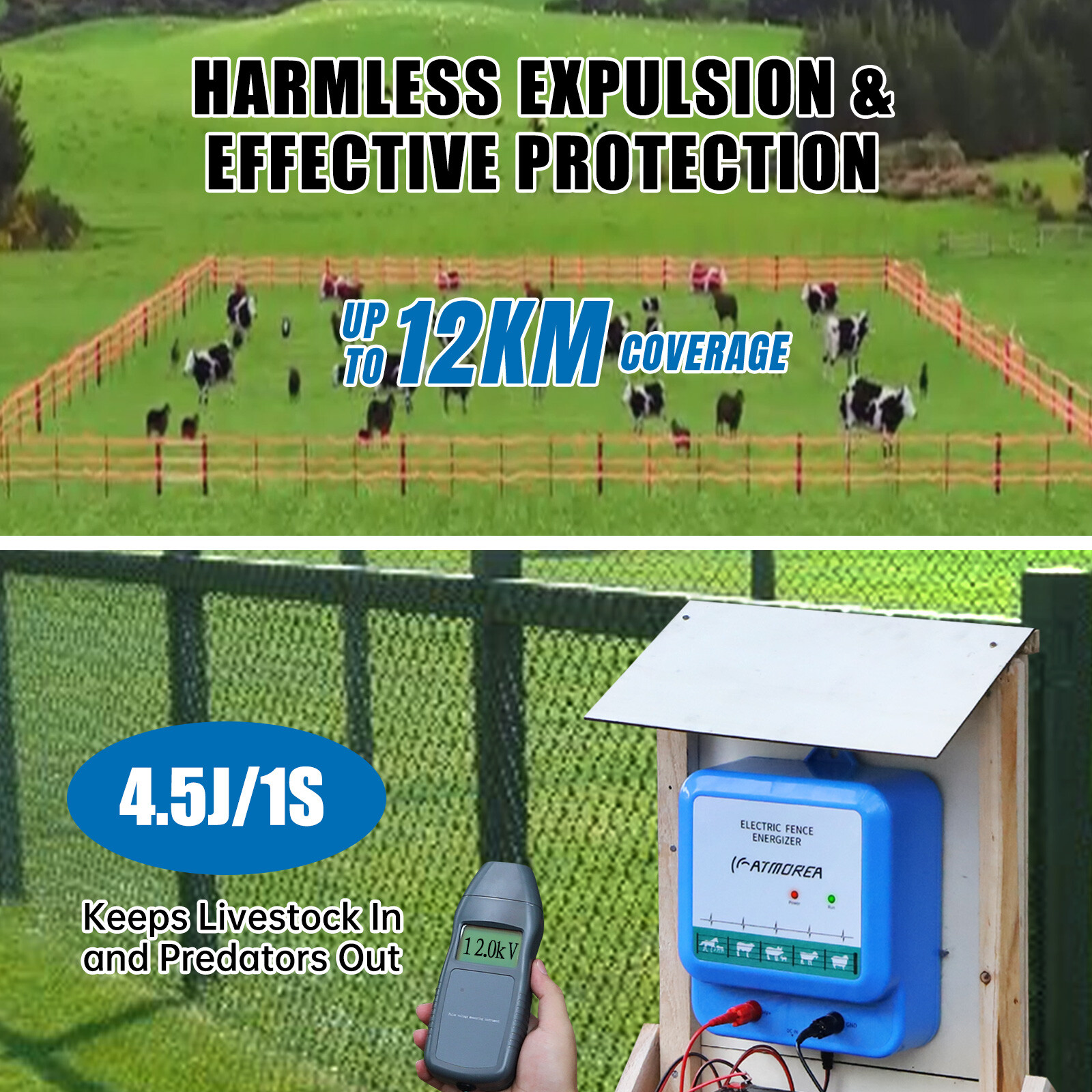 ATMOREA 4.5J 12KV AC Powered Fence Charger Up to 12KM Electric Fence Energizer