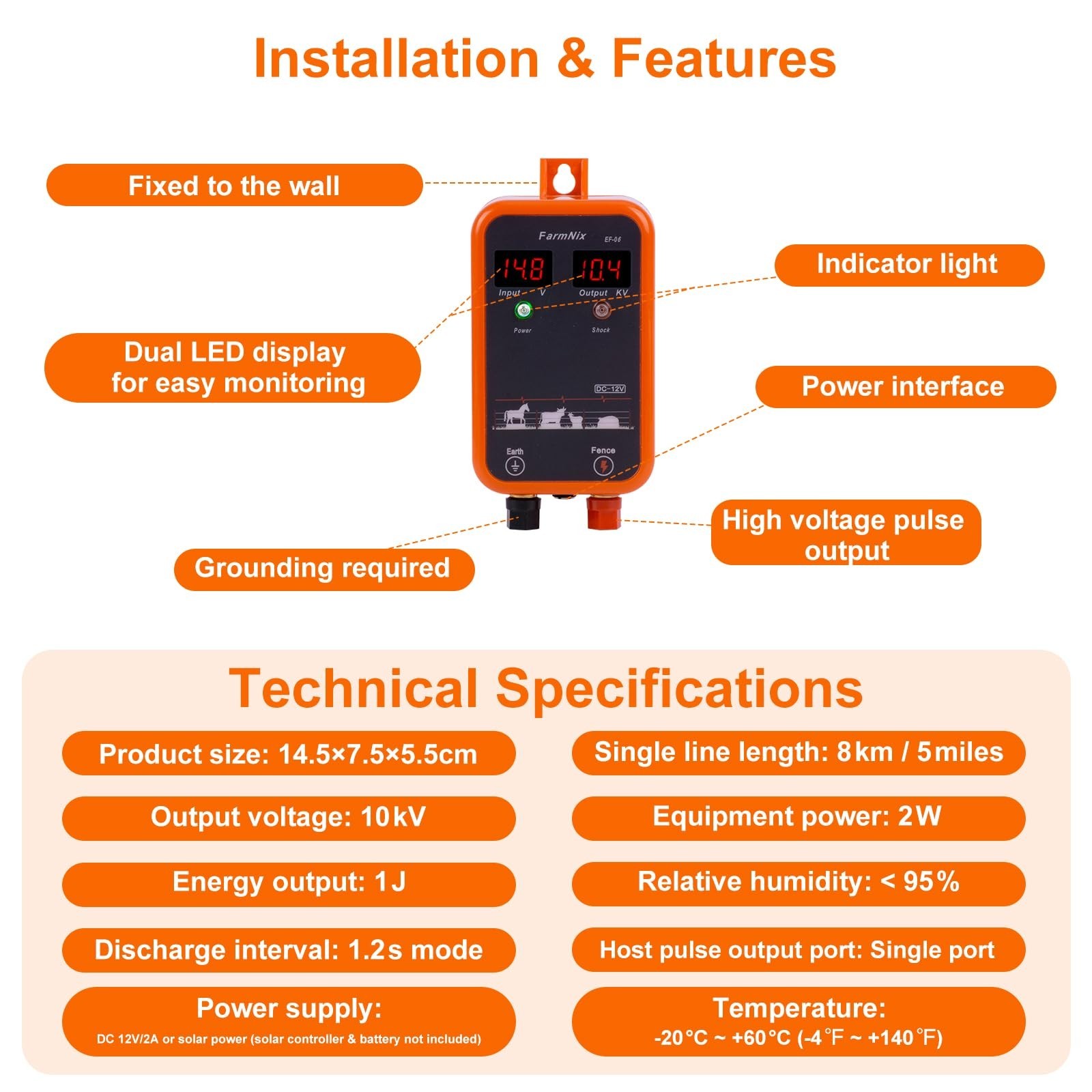 10KV Electric Fence Charger with LED Indicator, 5 Miles Range, Waterproof Kit fo