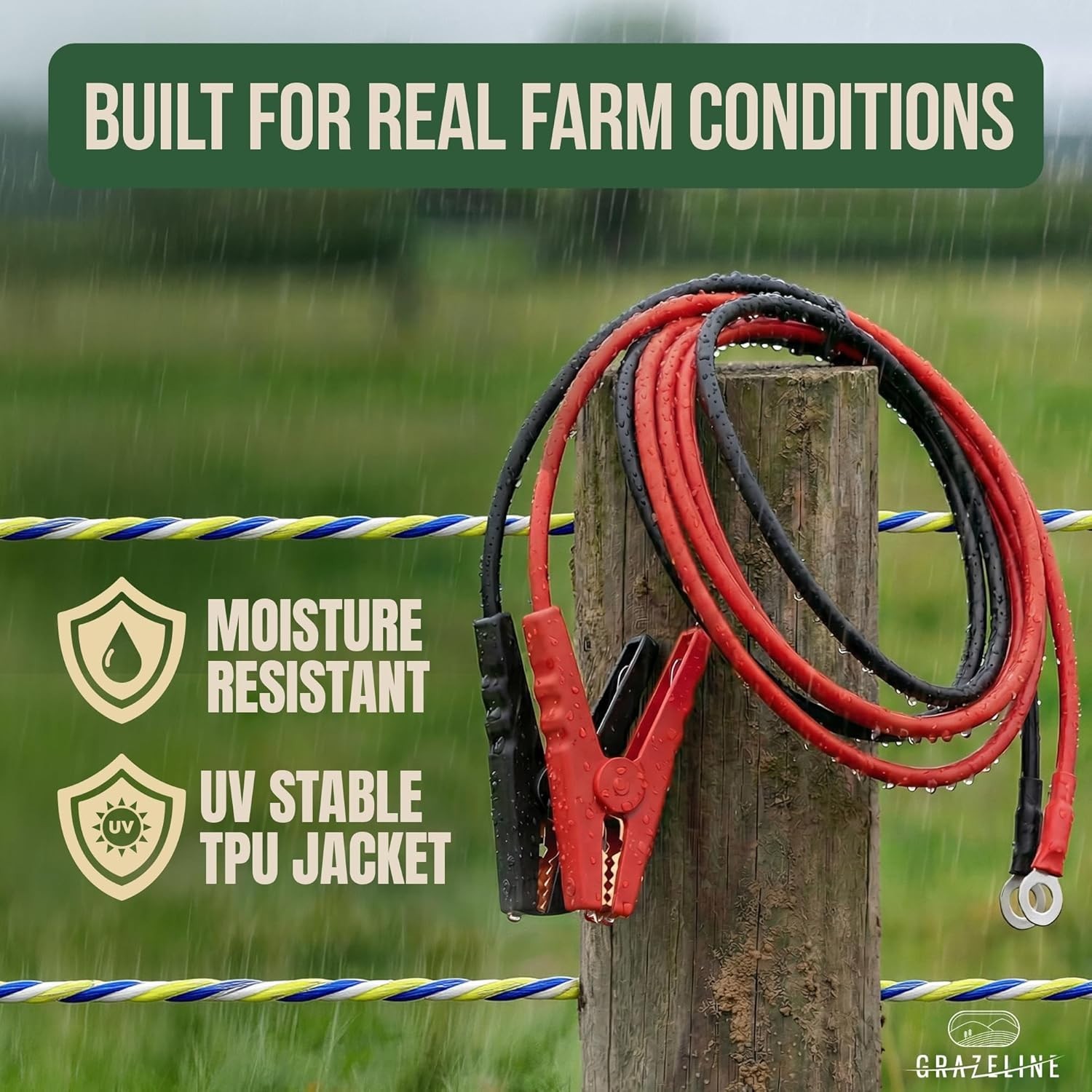 Electric Fence Jumper Leads 6.6ft, 10kV Clips, Copper Wire, TPU Cable