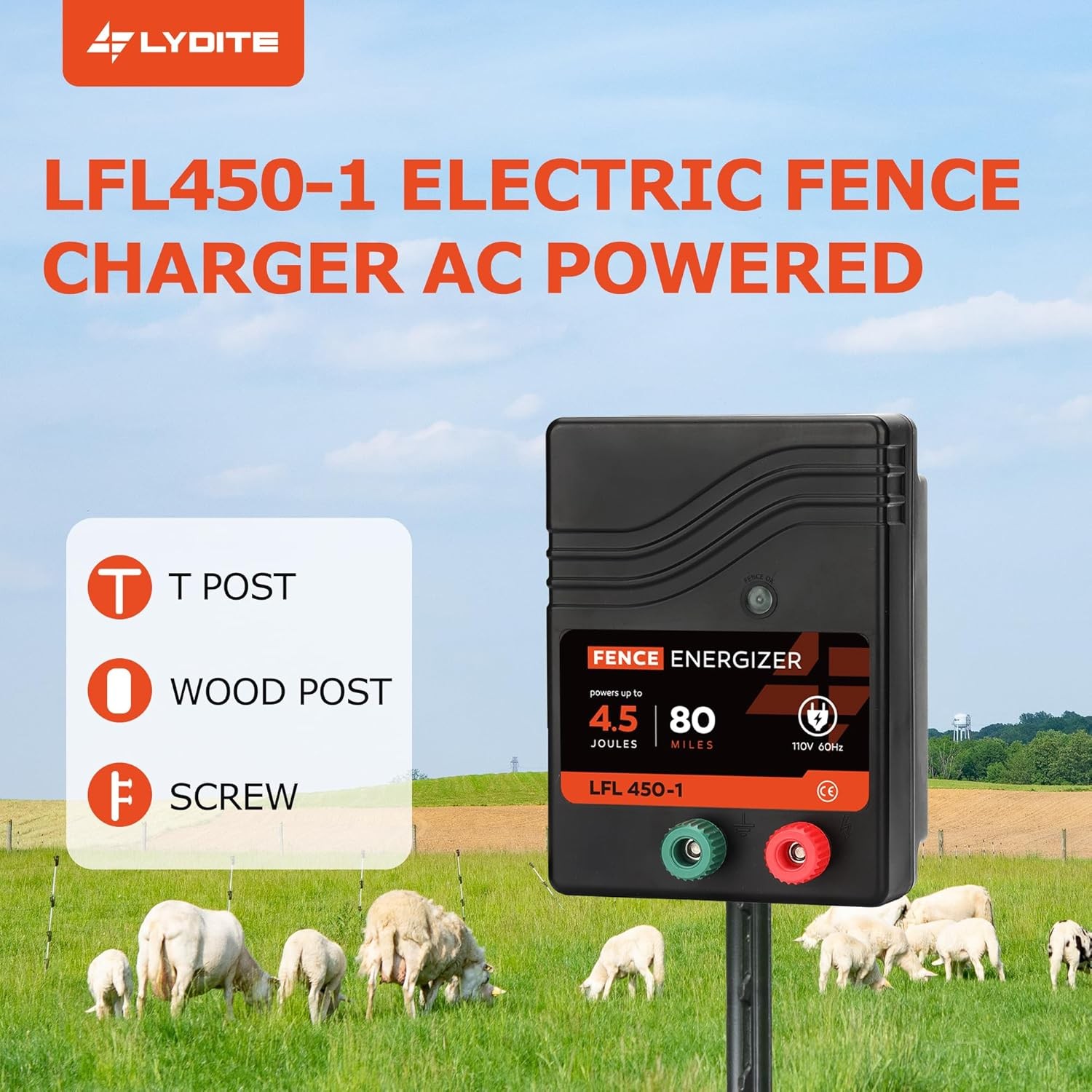 Electric Fence Charger AC Powered 80 Mile 250 Acres, 110 Volt, 4.5 Joule, 10KV
