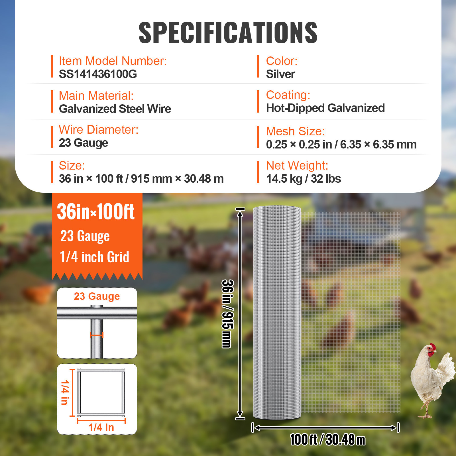 VEVOR Hardware Cloth 1/4″ 36in x 100ft 23 Ga Wire Mesh Roll Chicken Wire Fencing