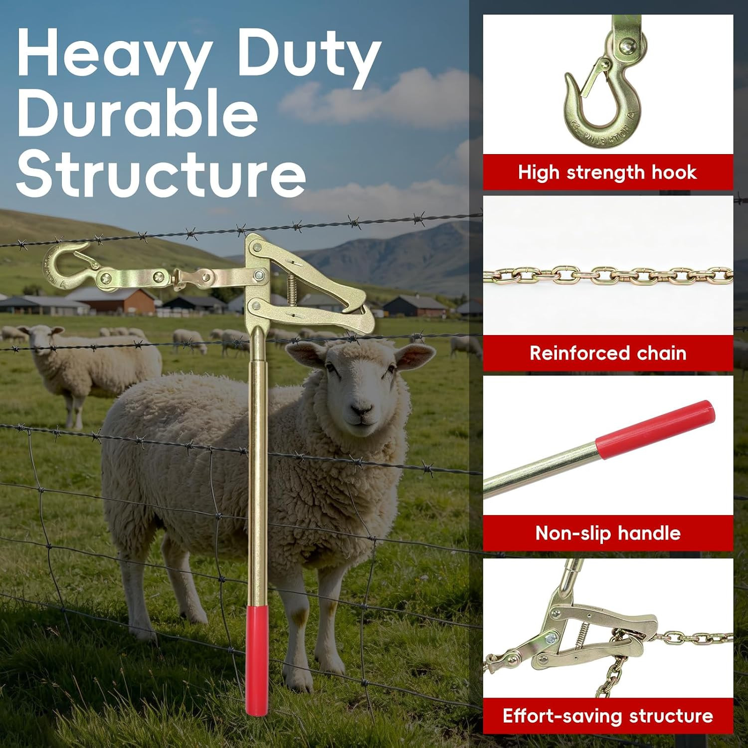 Heavy Duty Galvanized Steel Wire Fence Stretcher Tool, Wire Tensioner with 20FT