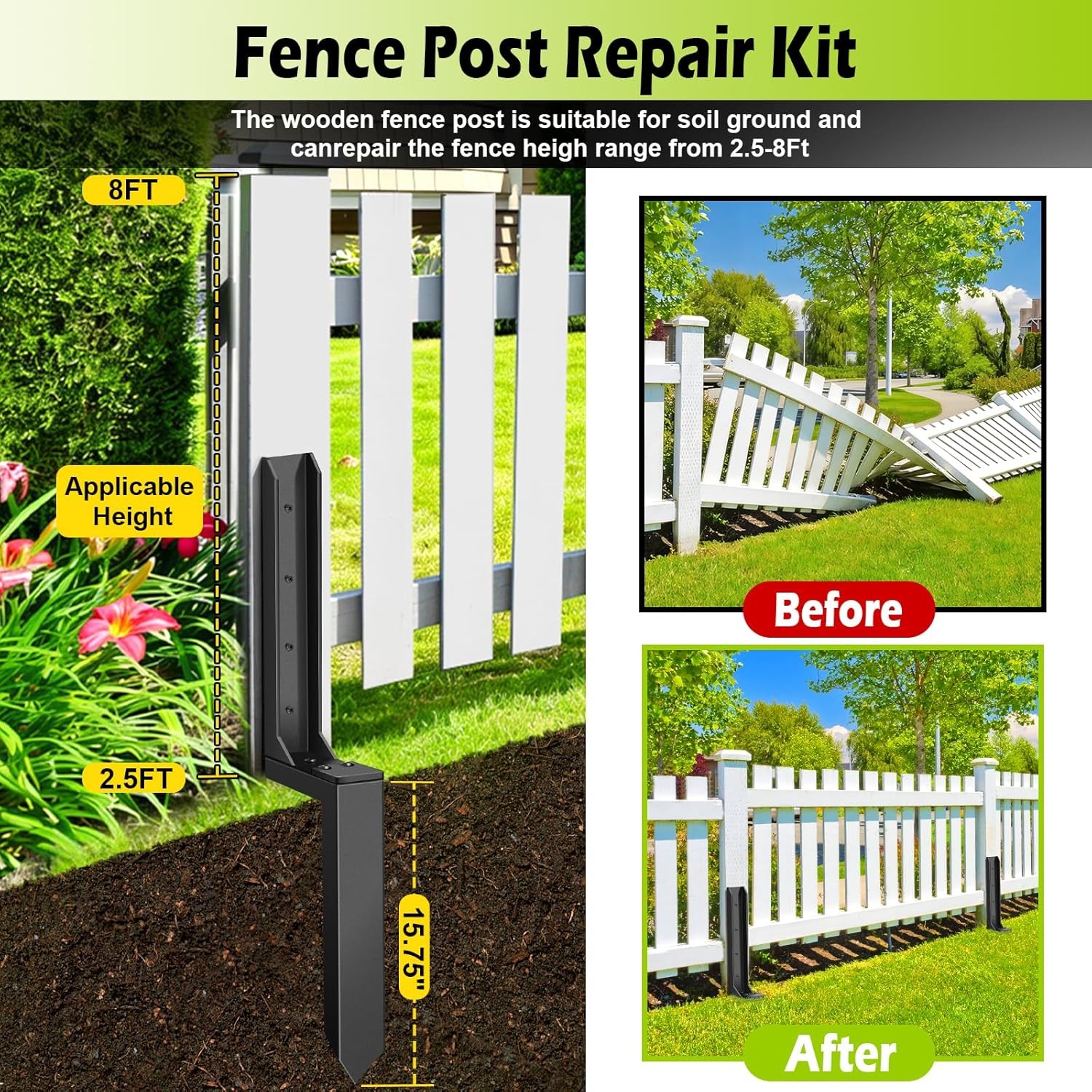 4 Pcs Fence Post Repair Kit, Heavy Duty Fence Post Anchor Ground Stakes for Repa