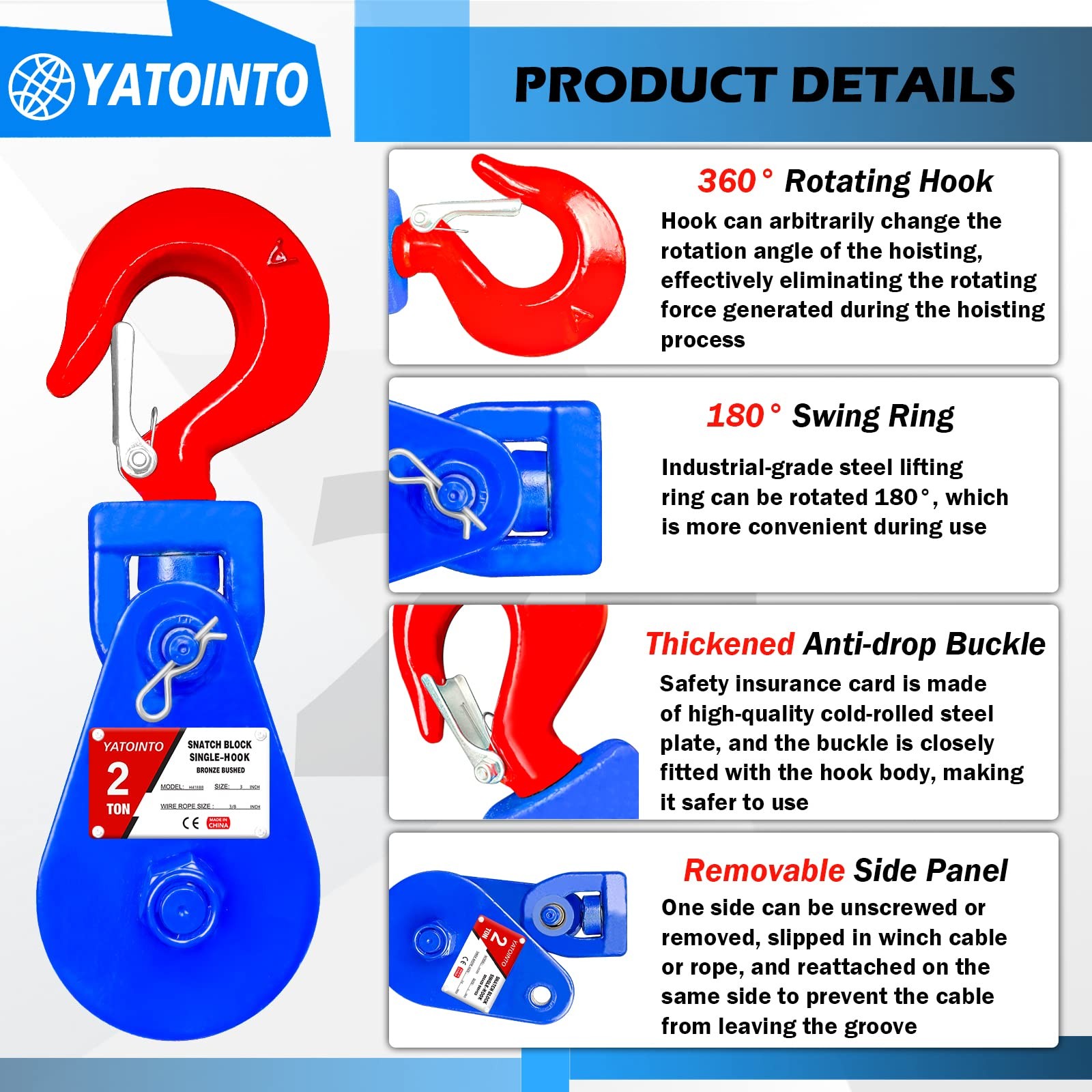 YATOINTO 2 ton Snatch Block with Hook, 3″ Sheave 3/8″ Inch Wire Rope Snatch B…