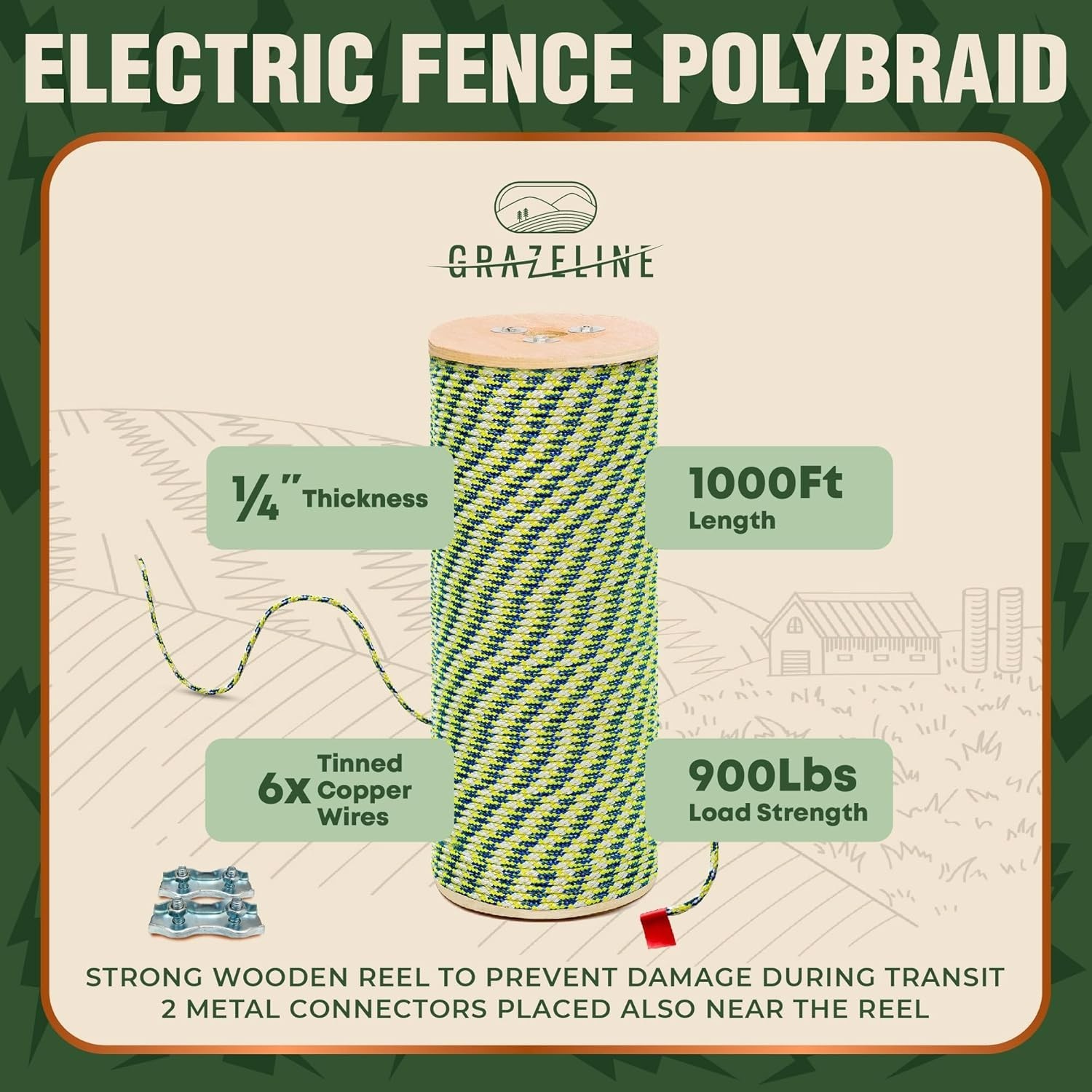 Electric Fence Polybraid 1/4″ Rope 1000Ft (305m) – 6 x Tinned Copper Strands for