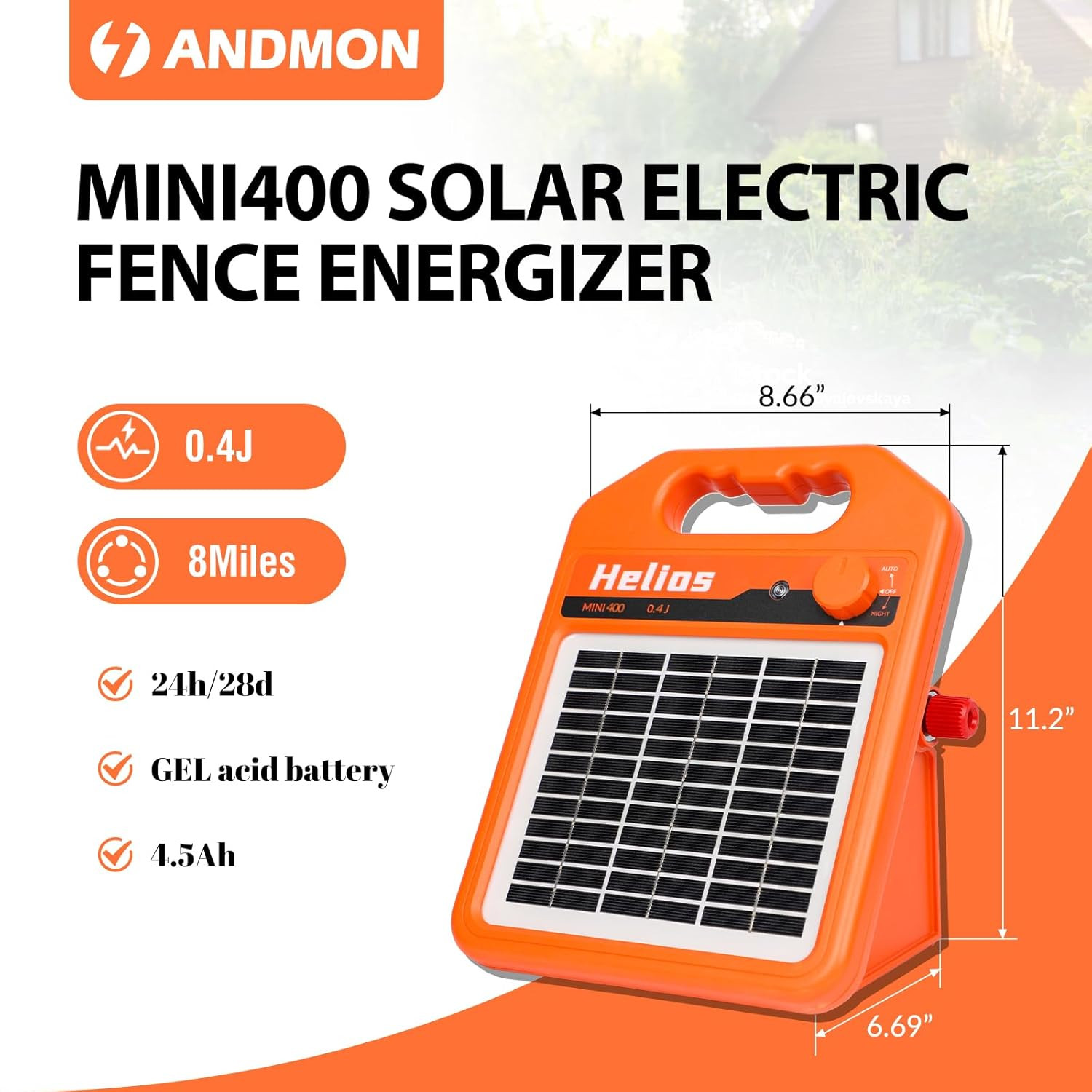 MINI400 30 Miles Solar Electric Fence Charger, 0.4 Joule Solar Electric Fence fo