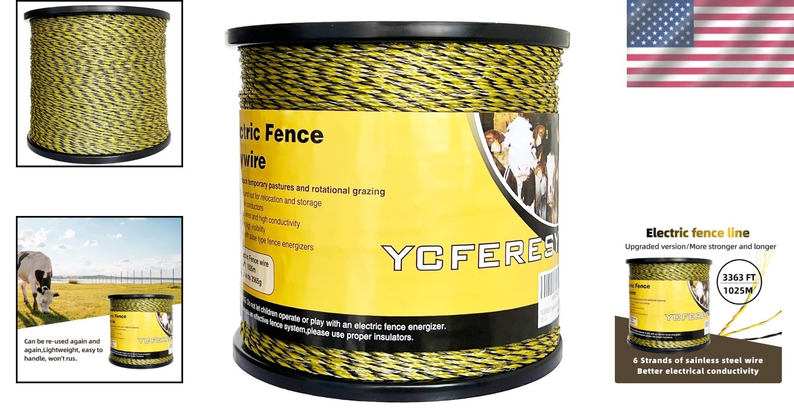 3366ft Electric Fence Polywire – 6 Stainless Steel Strands, UV & Rust Resistant