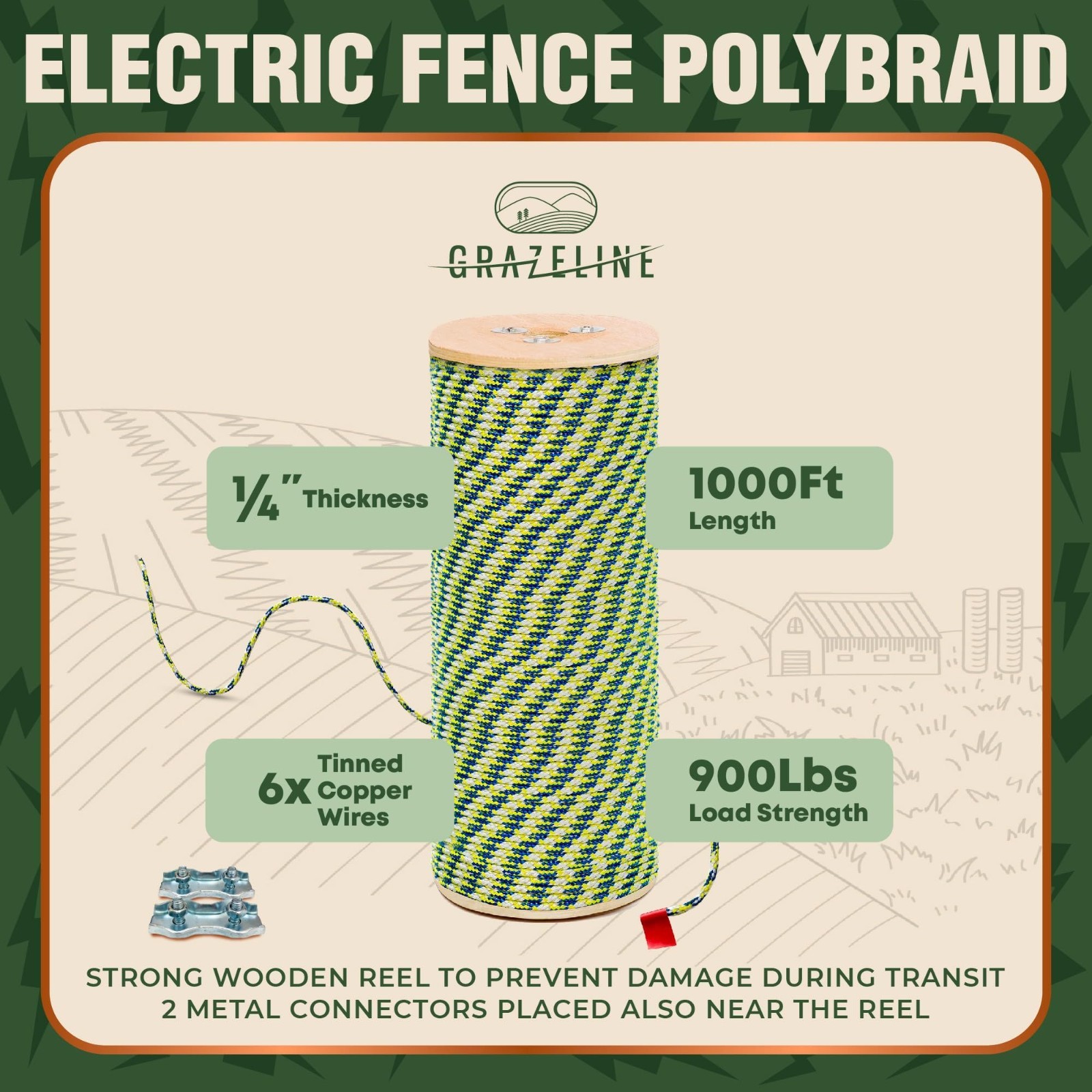 Heavy Duty Electric Fence Polybraid Rope 1000ft – 6 Strands Copper Shock Wire, U