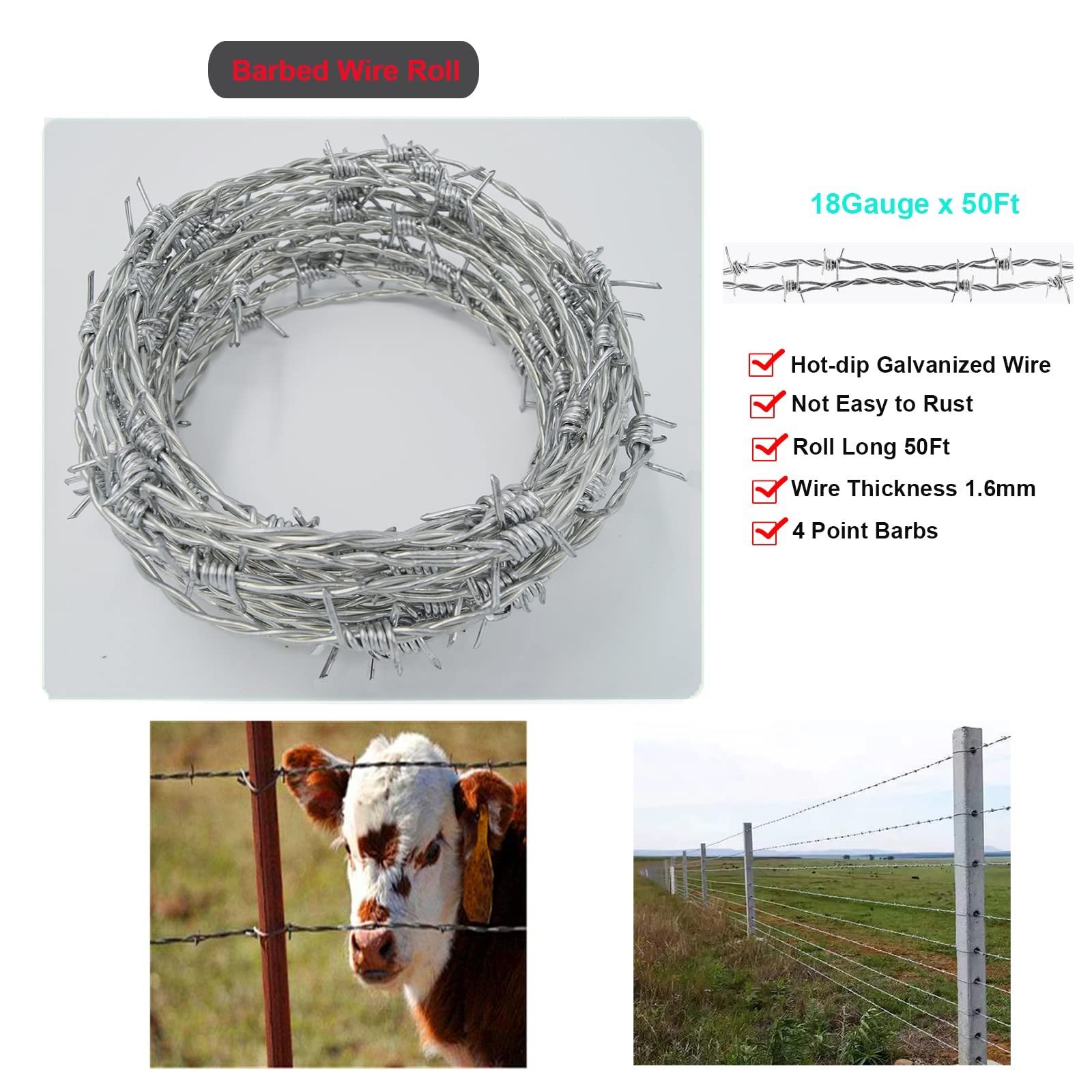 YAGJIA Barbed Wire 50 Ft, 4 Point Barbed Wire Fence, Hot-Dip Galvanized Barb …
