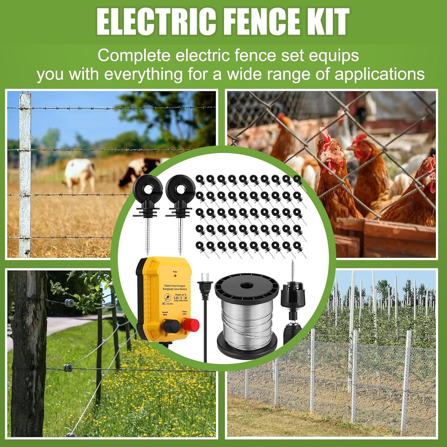 Electric Fence Charger Set 110VAC 0.25 Joule Electric Plug in Fence to Contain C