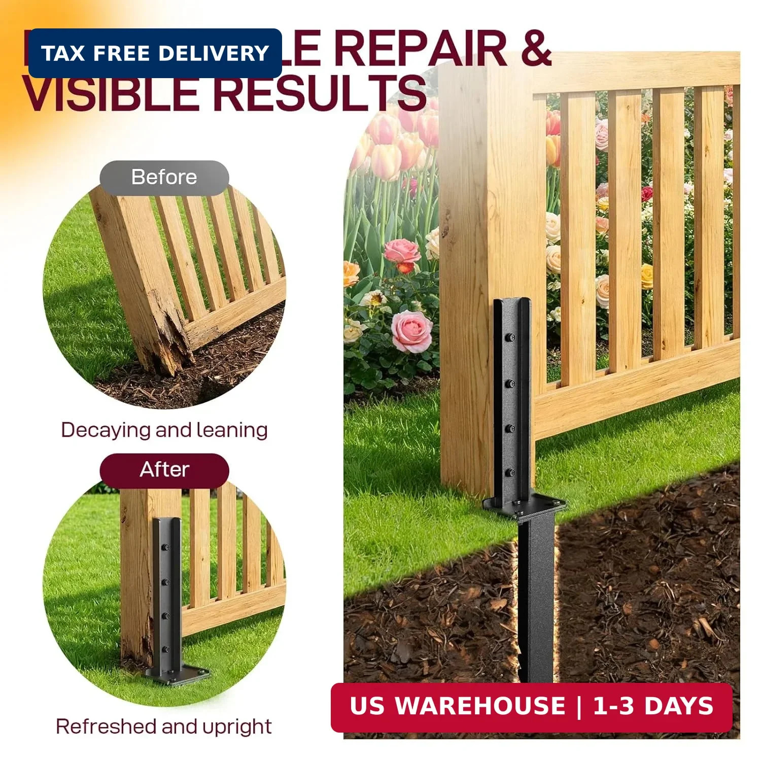 Fence Post Repair Kit 2 Pack, Heavy Duty Fence Post Anchor for Wooden Post