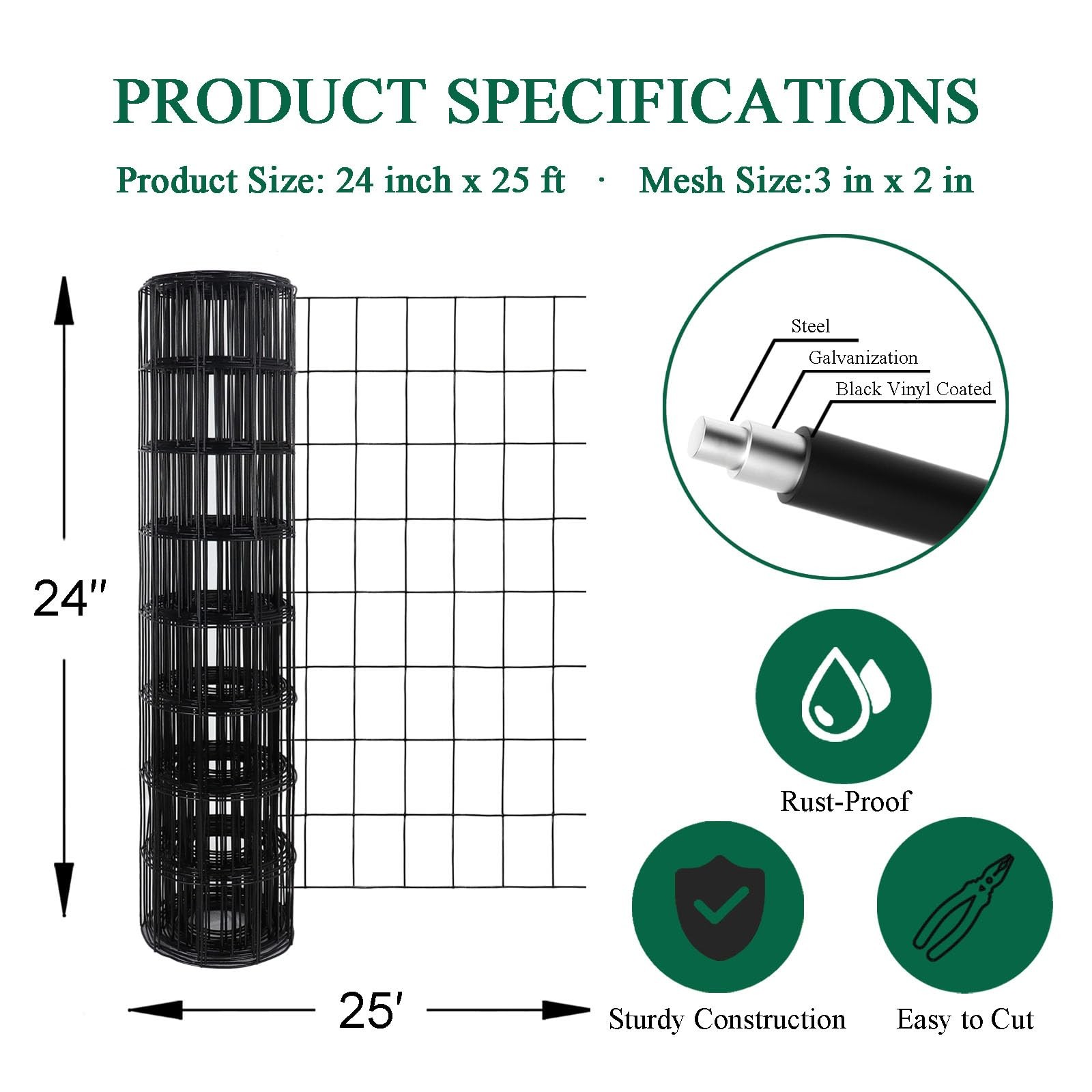 Black PVC Coated Welded Wire Fence 24 Inch x 25 Foot, 2 Inch x 3 Inch 16GA, G…