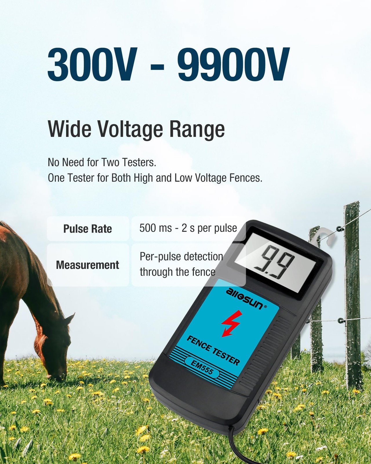 ALLOSUN Electric Fence Tester Fault Finder Digital Electric Fence Voltage Tes…