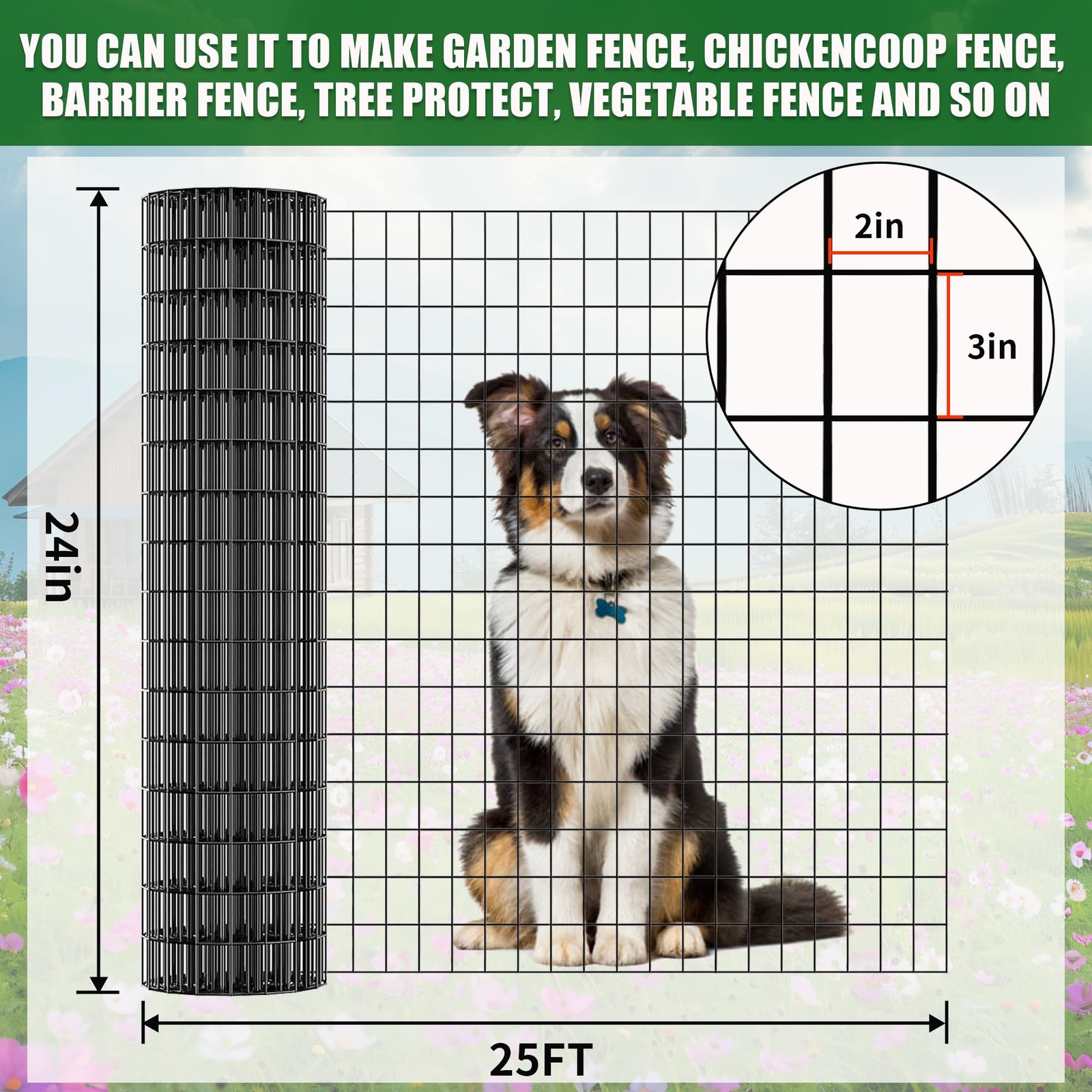24 in x 25 ft Welded Wire Mesh Fence, 2 in × 3 in 15GA Black PVC Coated Garde…