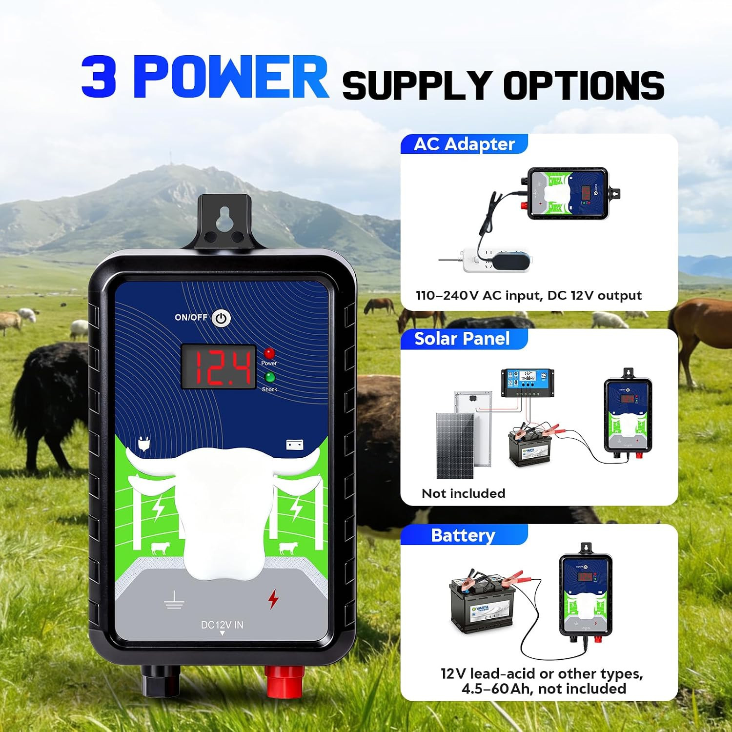12KV Electric Fence Charger,15 Miles Electric Fence 4 Joules Pulse Energy,Waterp