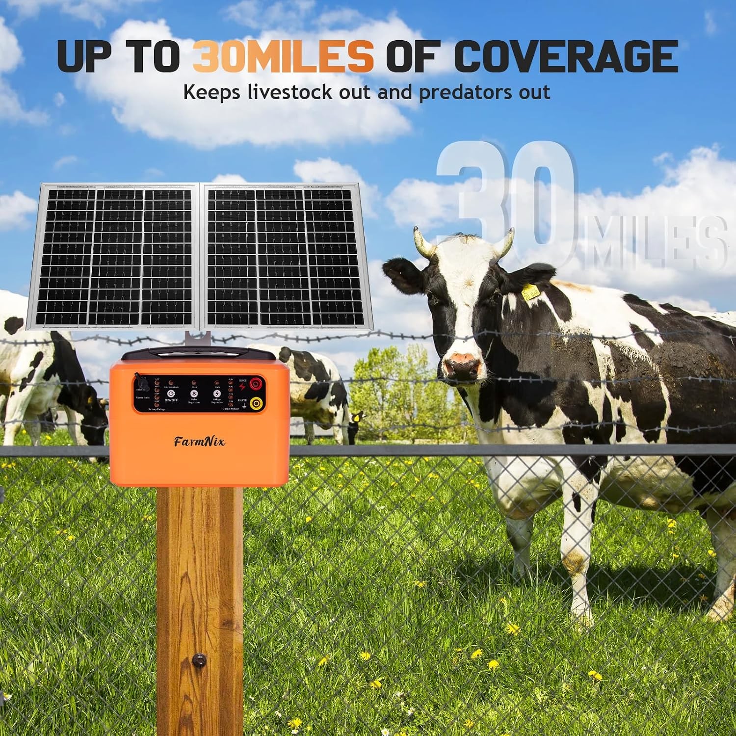 30 Miles Solar Electric Fence Charger for Livestock,6-12Kv Adjustable Output Sol