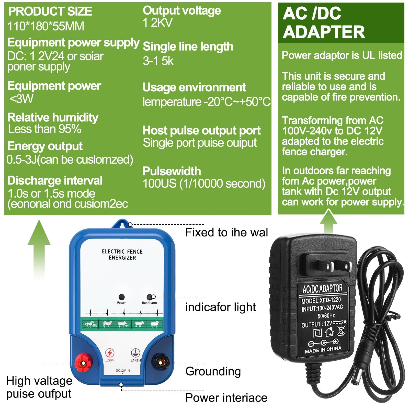 Electric Fence Kit 8 Mile 12kV 2J Charger AC/DC 50 Insulators 250ft Aluminum