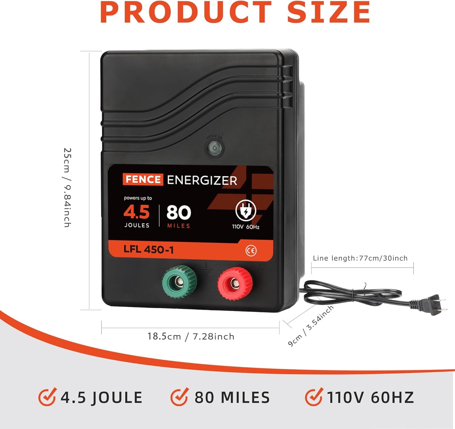 Electric Fence Charger AC Powered 80 Mile 250 Acres, 110 Volt, 4.5 Joule, 10KV