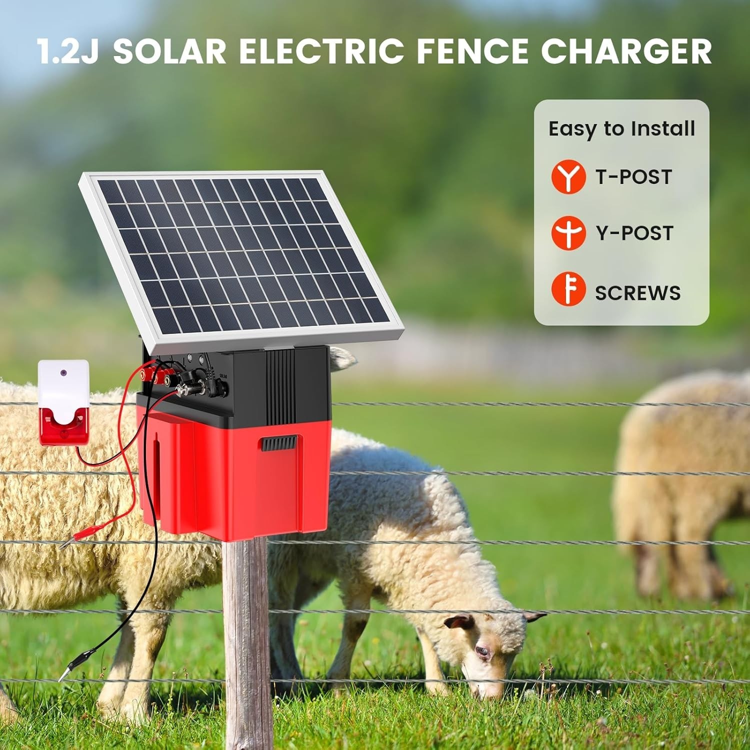 Solar-Powered Electric Fence Charger with Alarm,1.2 Joule Output, Up to 20 Miles