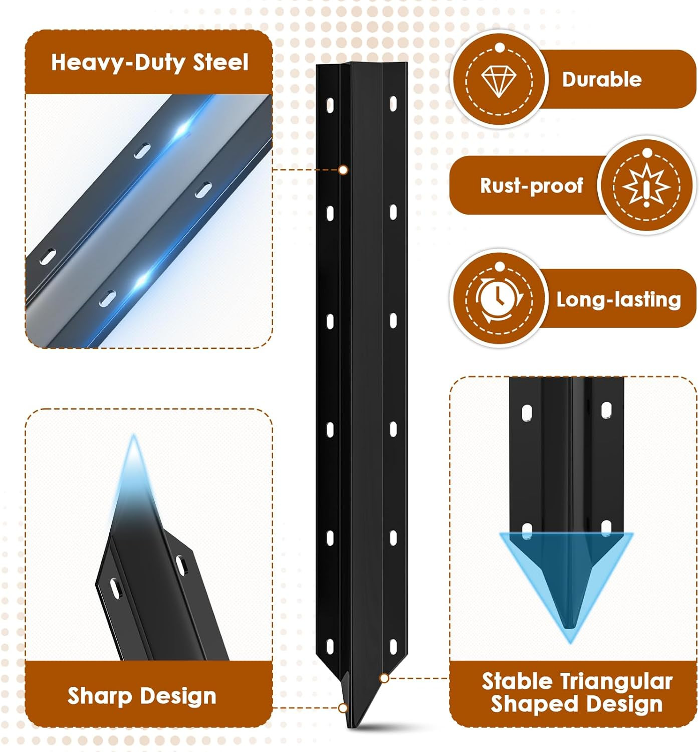 10 Pack Fence Post Repair Stakes –14 Ga Heavy-Duty Steel Fence Post Support Kit,