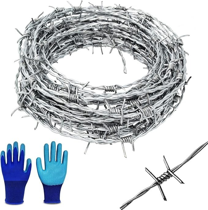 Barbed Wire 50 FT Roll + Gloves 16 Ga STRONG | 4-Point | 5″ Spacing SIMBA STEEL
