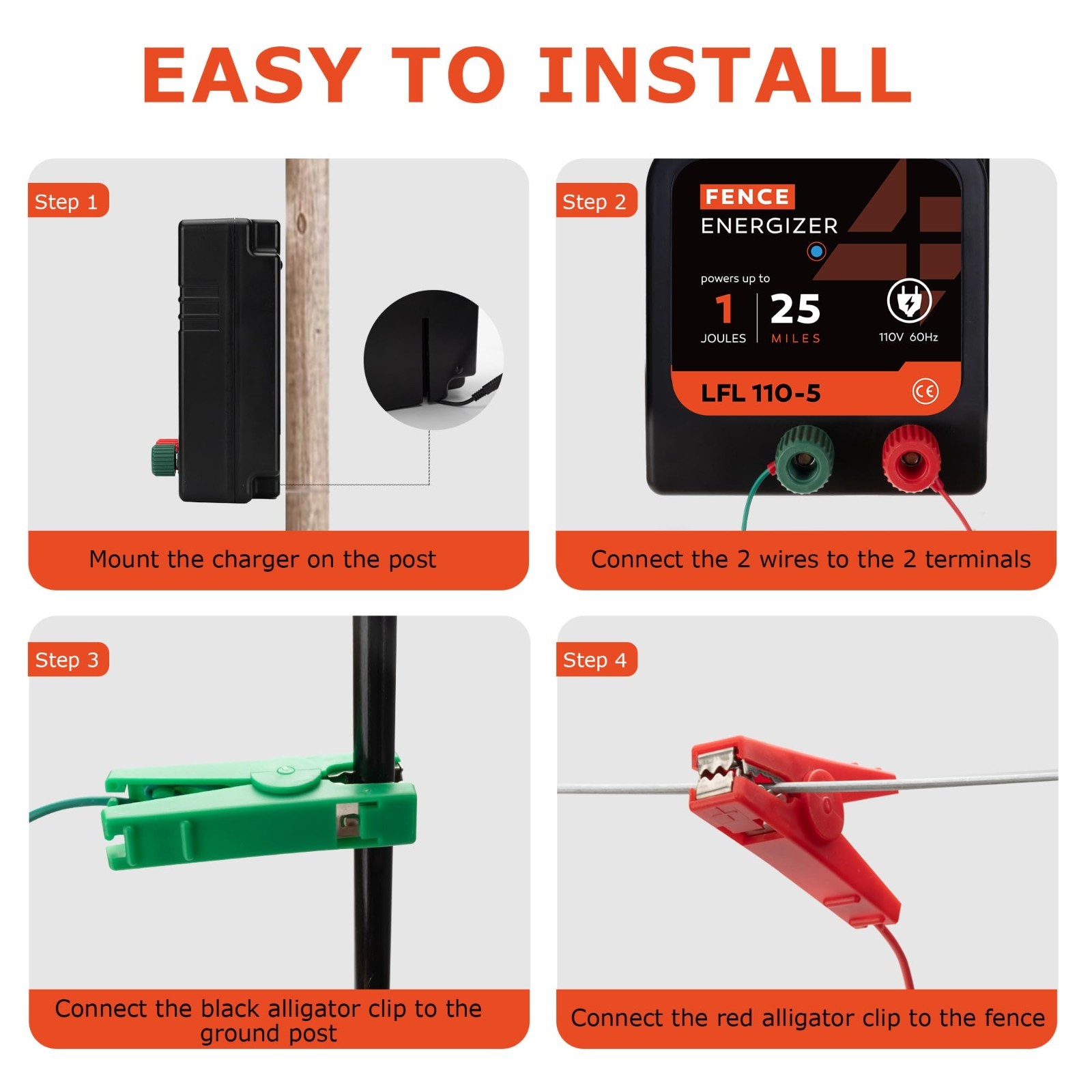 1 Joule Electric Fence Charger – 10kV Output, 25 Mile Range, Ideal for Pets & Ga