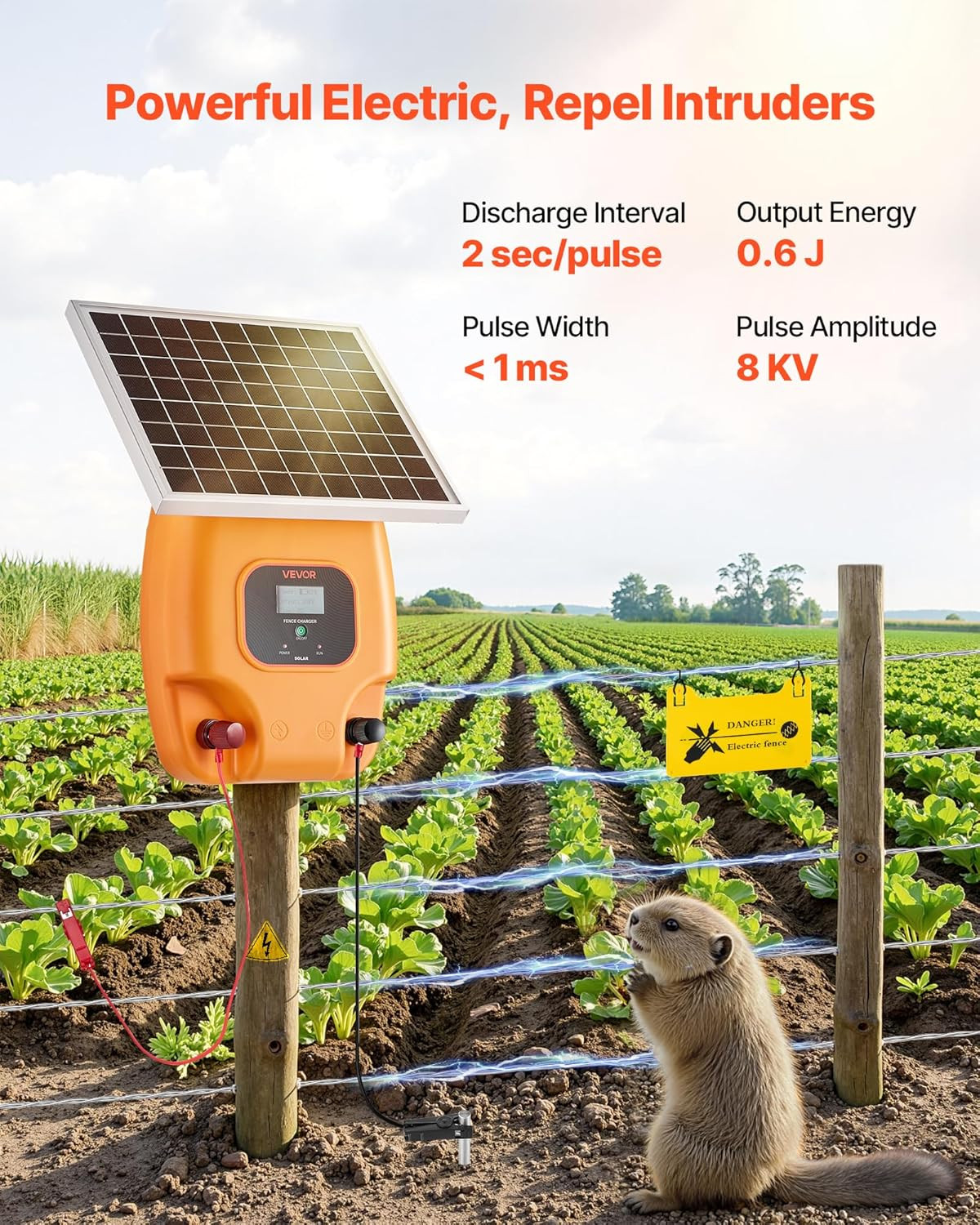 Solar Fence Charger, 0.6J 8 Kv Solar Powered Fence Charger, Electric Fence Energ