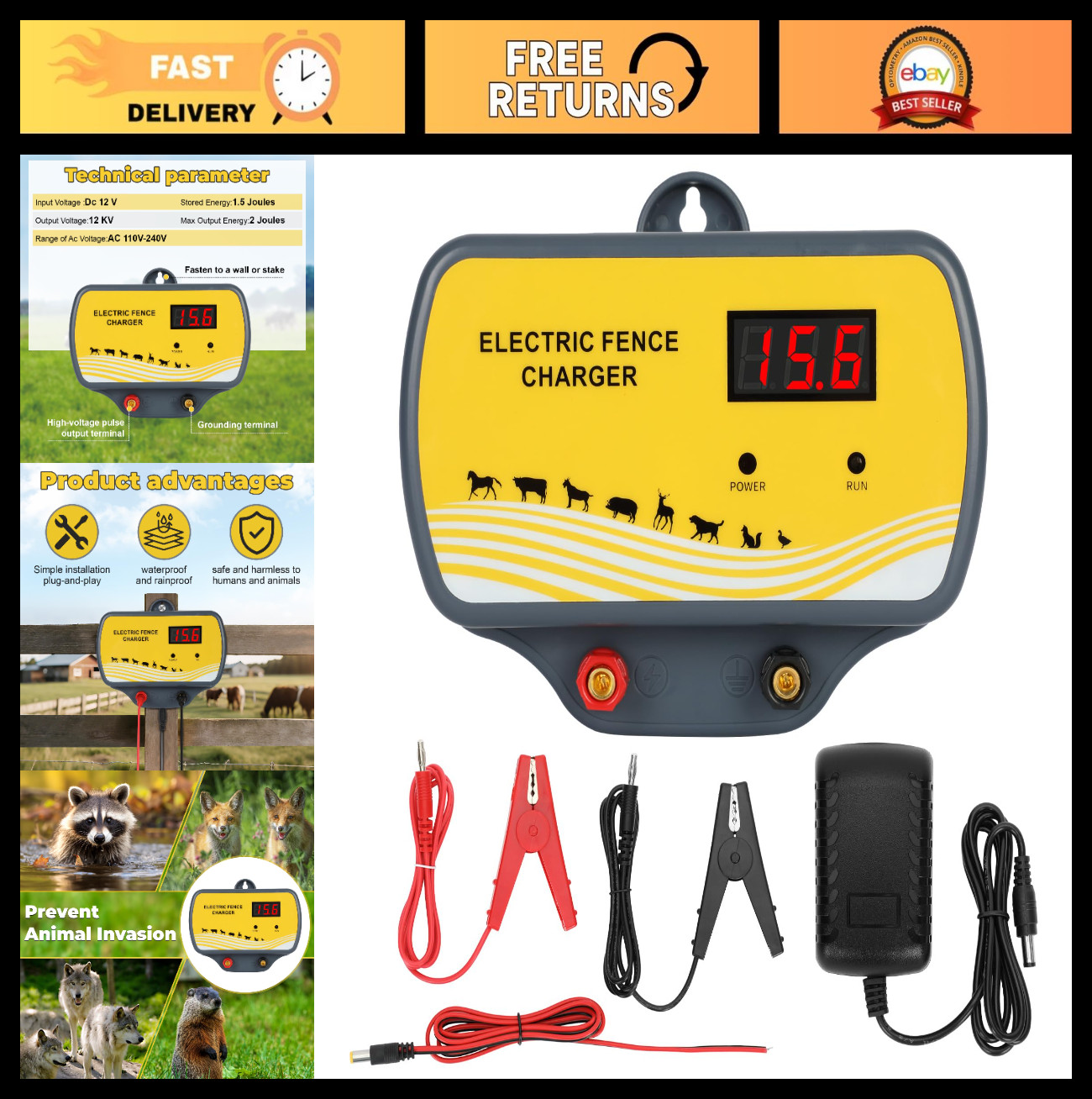 12V Electric Fence Charger 12KV Output, 2 Joule Energizer for 120 Acre Wildlife