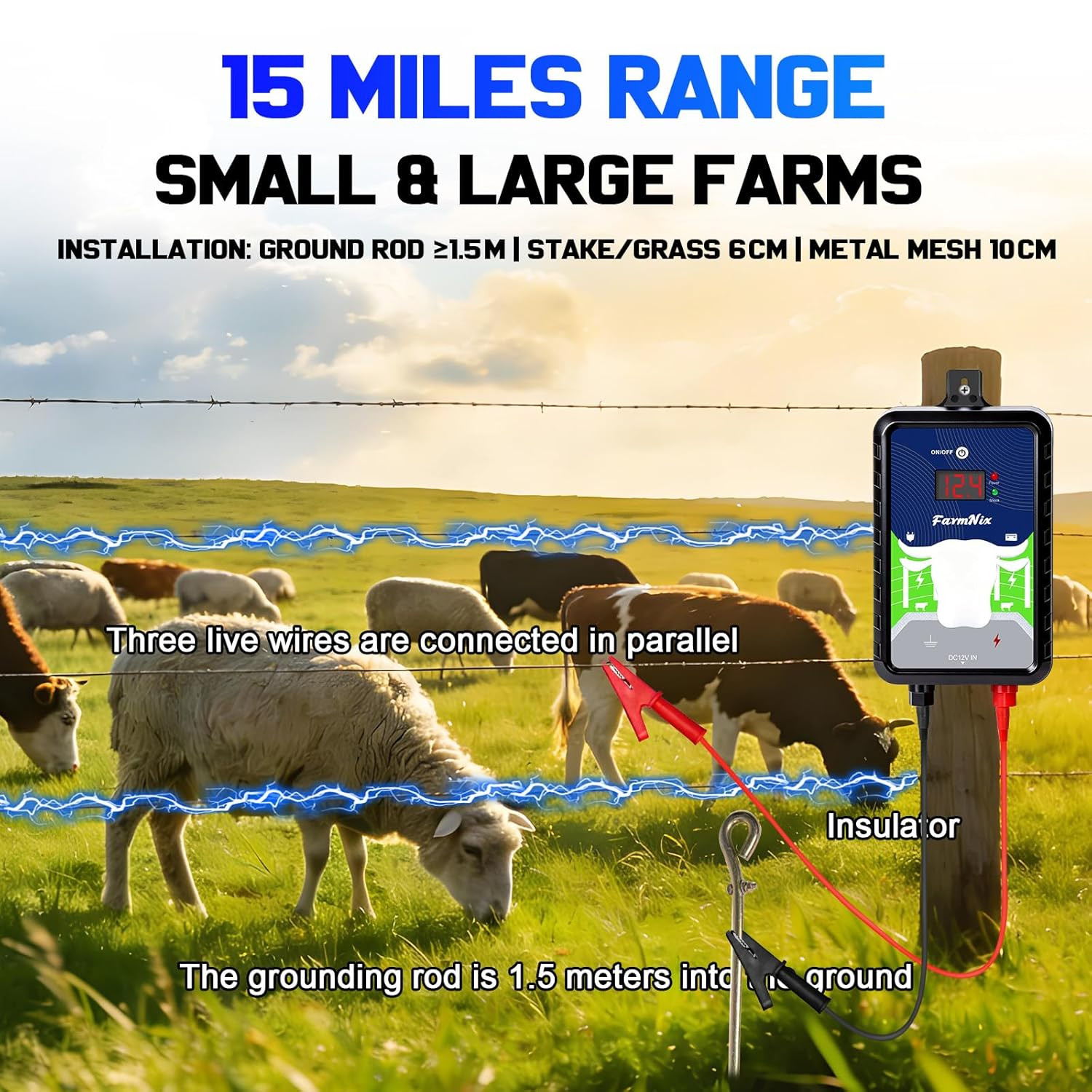 12KV Electric Fence Charger,15 Miles Electric Fence 4 Joules Pulse Energy,Waterp