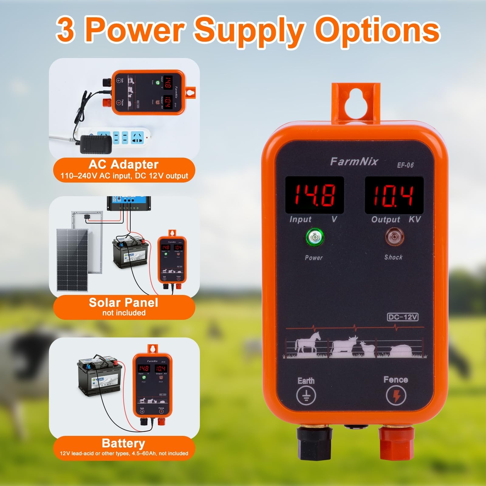 10KV Electric Fence Charger with LED Indicator, 5 Miles Range, Waterproof Kit fo