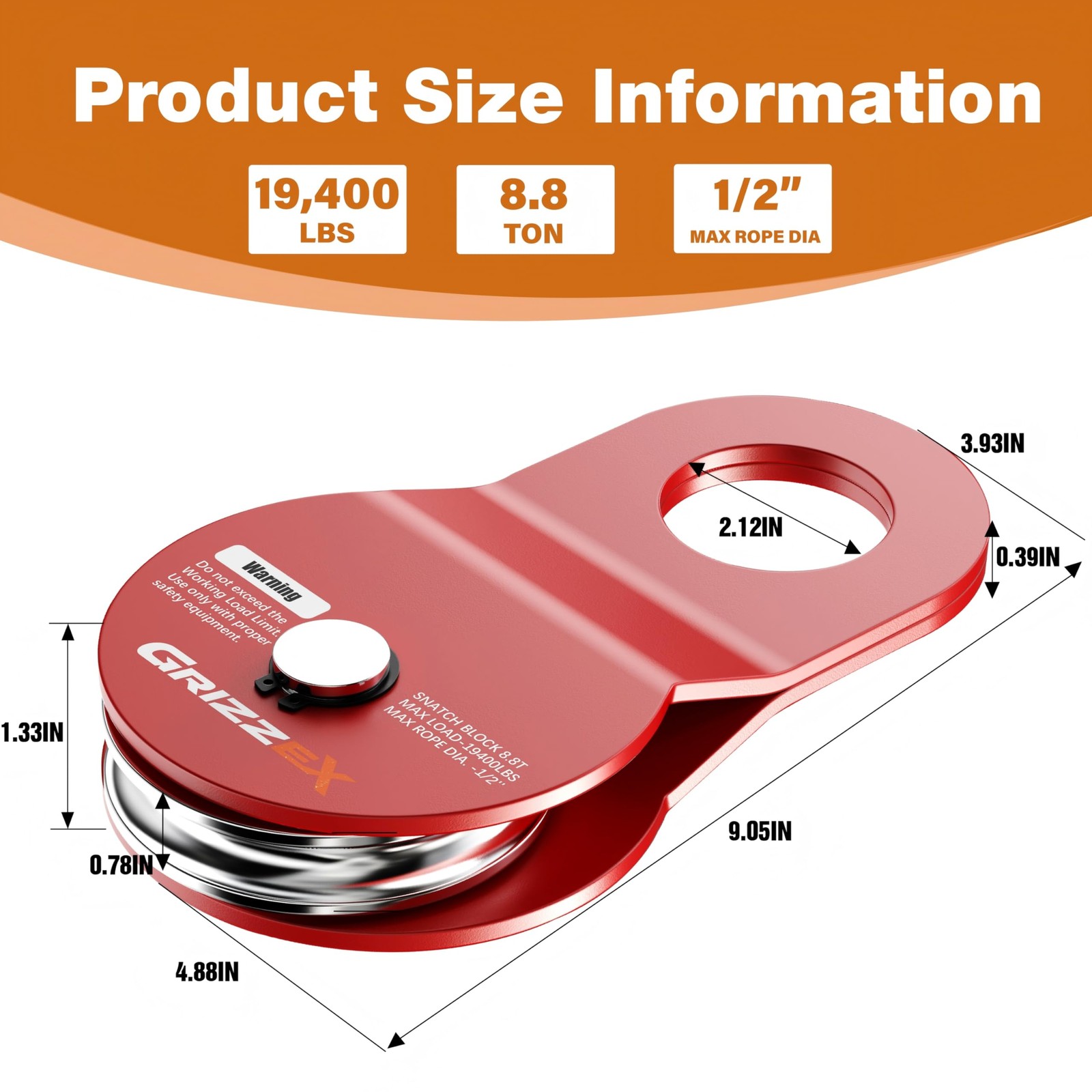 8.8T Heavy Duty Winch Snatch Block, 19,400 lbs Working Load, for Synthetic Ro…