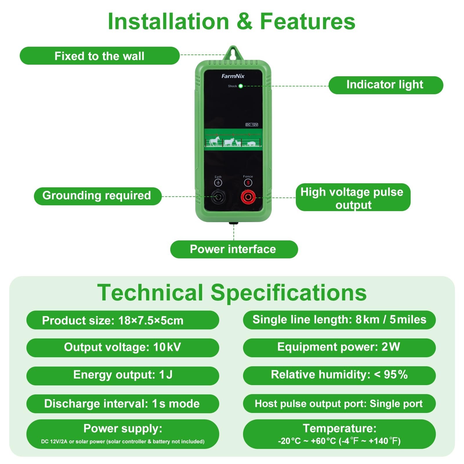 10KV Electric Fence Charger – 5 Mile Range, 1 Joule, Waterproof Kit for Farm Ani