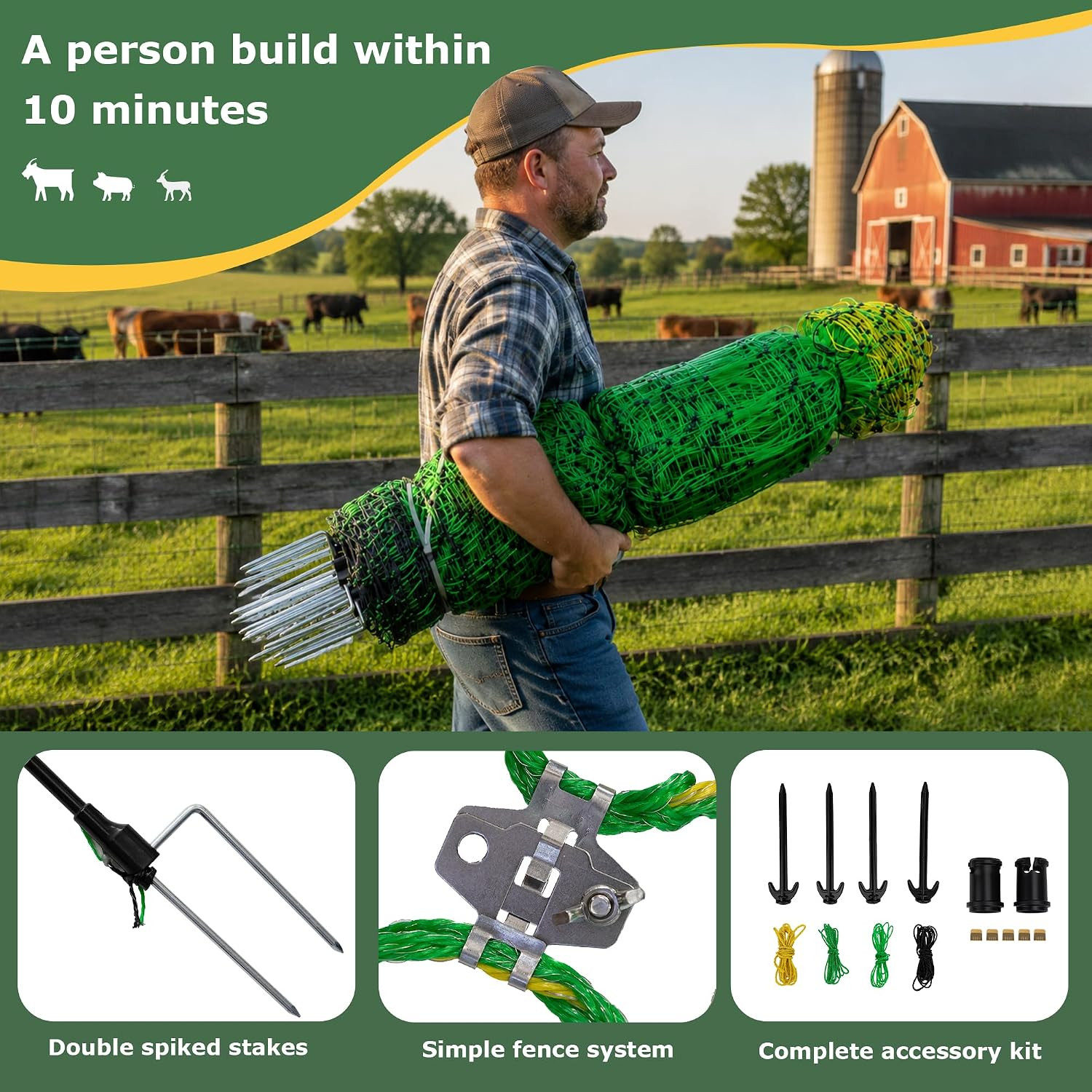 Electric Fence Netting 35.4″ X 164′, Portable Livestock Fencing with Fiberglass
