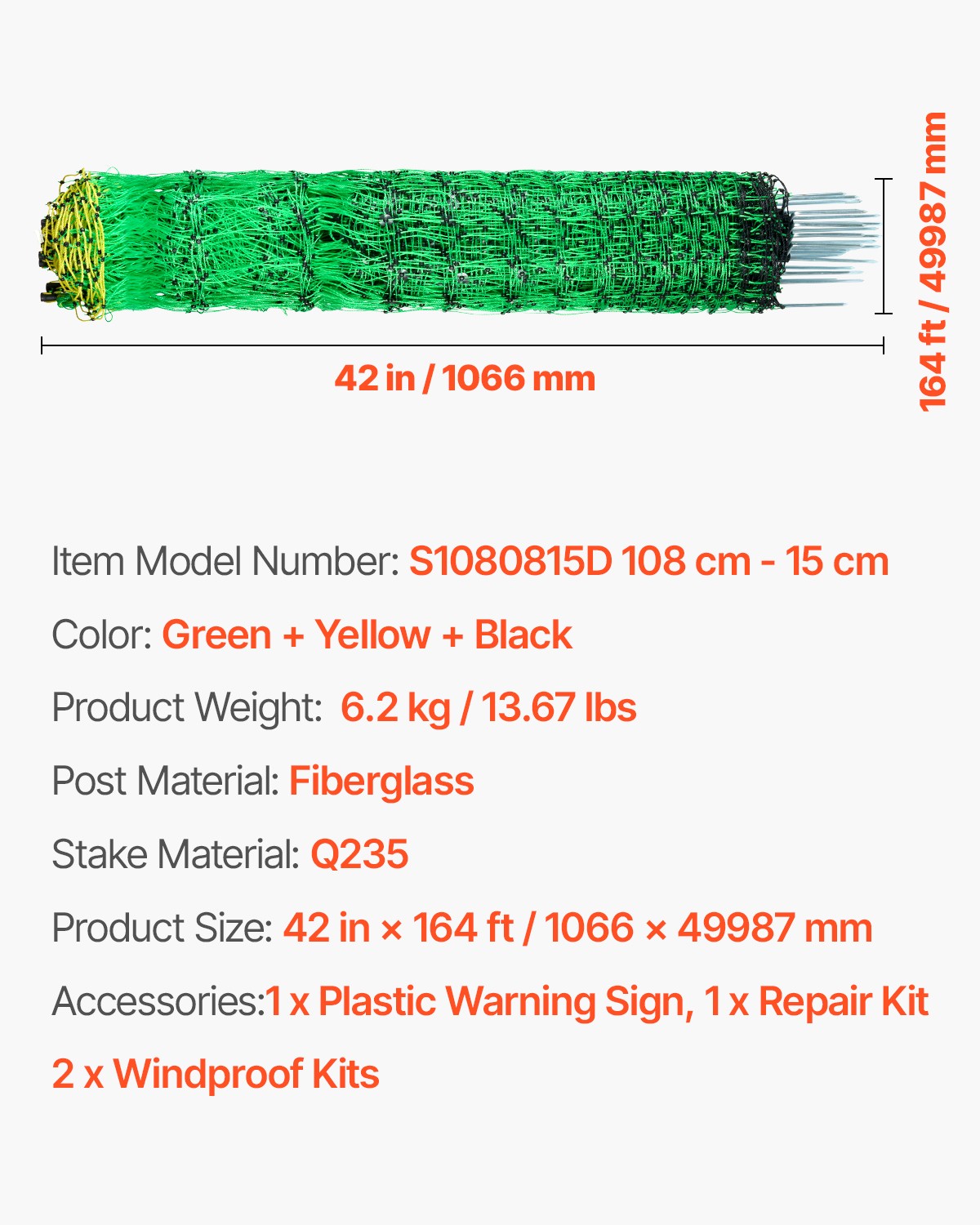 VEVOR Electric Netting Fence Kit Sheep Fencing 42″H x 164’L with Posts Spikes