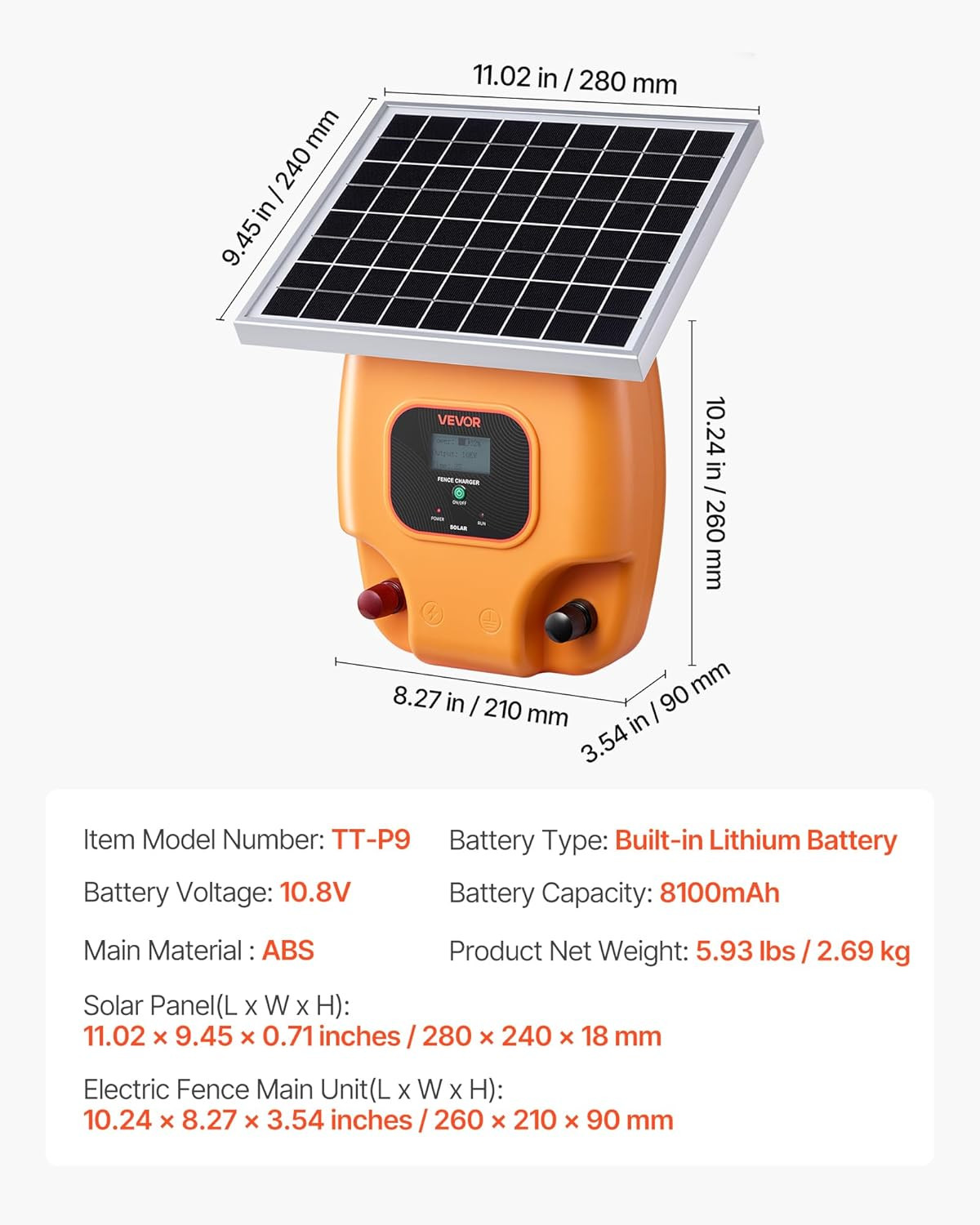 Solar Fence Charger, 0.6J 8 Kv Solar Powered Fence Charger, Electric Fence Energ