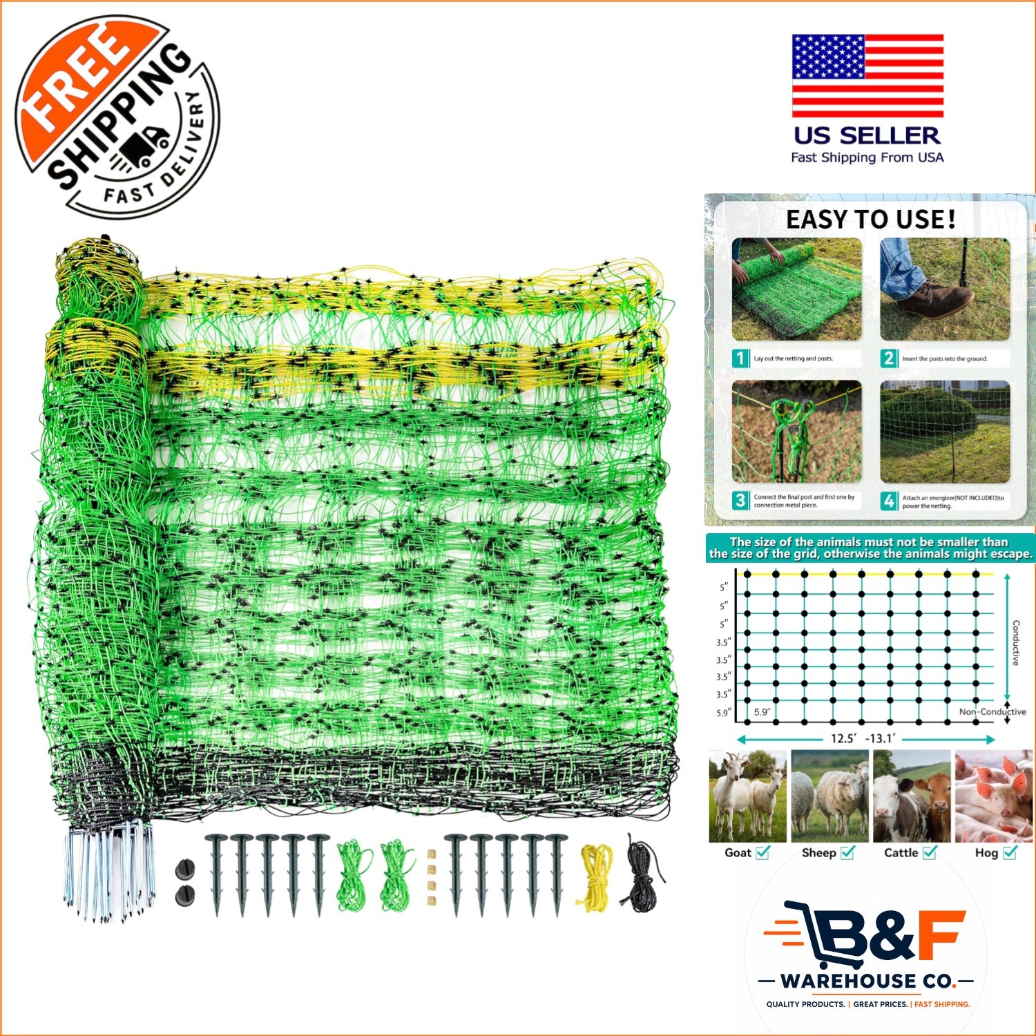 Flexible Electric Fence Netting – 35.4″ H x 164′ L, Ideal for Farms and Gardens