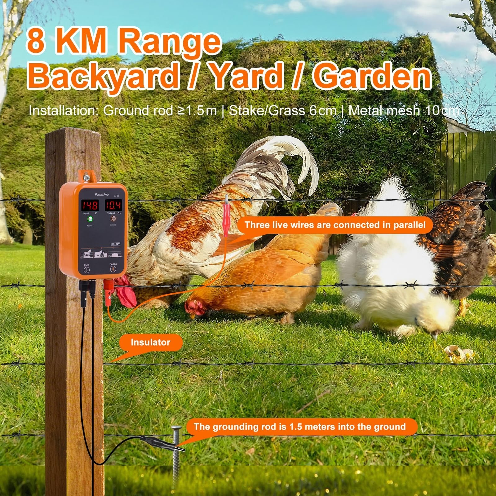 10KV Electric Fence Charger with LED Indicator, 5 Miles Range, Waterproof Kit fo